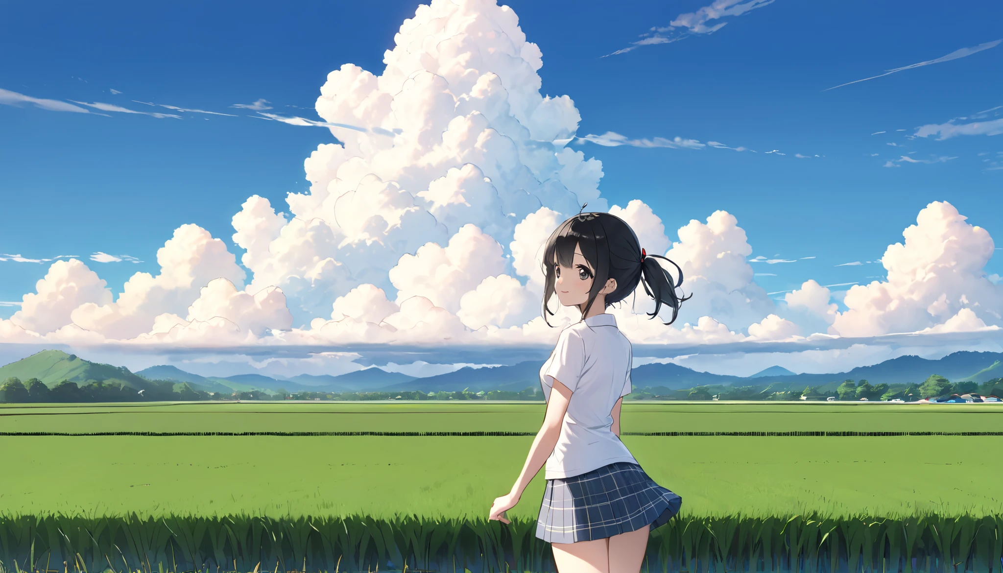   high school girl、 Short-sleeved plain shirt   、   with rice paddies stretching all the way to the horizon 、  I have a light blue miniskirt   、Clear sky and cumulonimbus clouds    