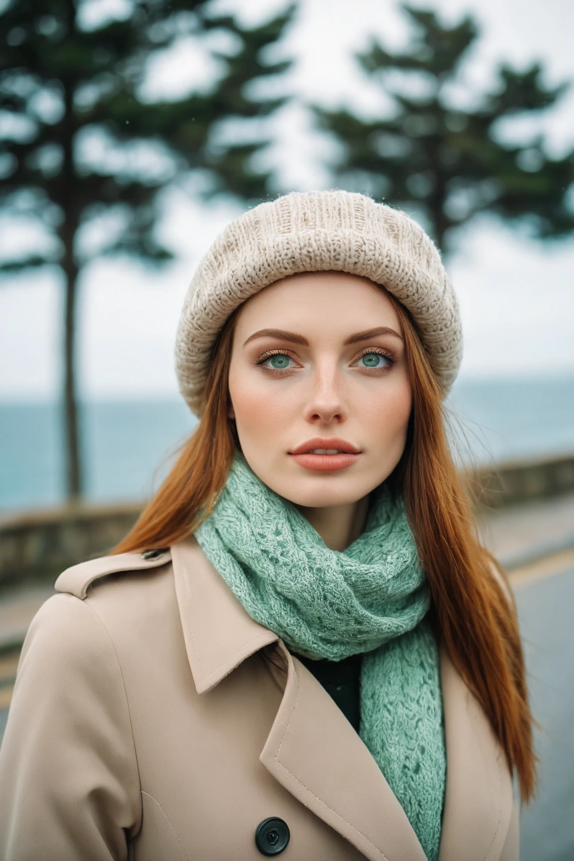 a realistic front-view portrait photography of a beautiful woman with green eyes standing in a town with ocean view, close-up shot, look up to the sky, detailed beautiful meek face, photo take by film camera, fashion lookbook, she has ginger hair, she wearing an trench coat and wool hat and scarf, dawn light, winter season, light snow falling, (bokeh), vintage green theme, diffused light, soft focus, depth of field, intricate detail, skin texture