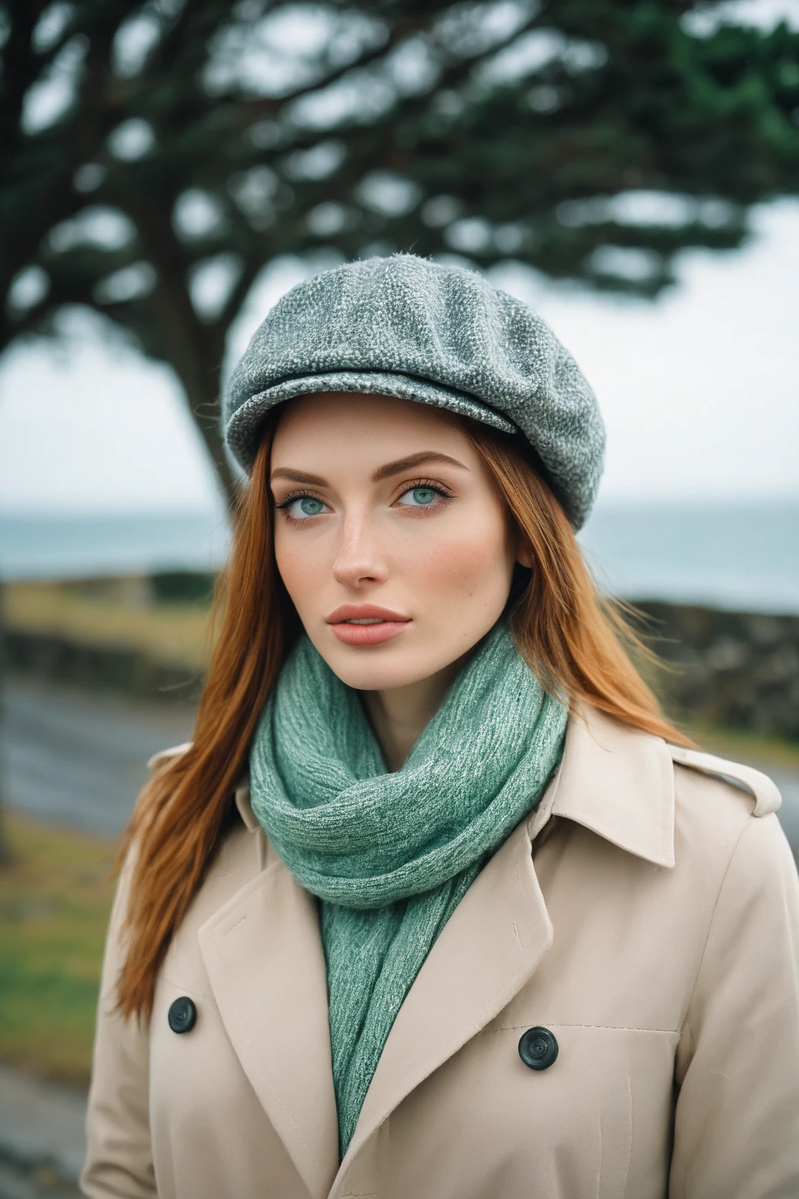 a realistic front-view portrait photography of a beautiful woman with green eyes standing in a town with ocean view, close-up shot, look up to the sky, detailed beautiful meek face, photo take by film camera, fashion lookbook, she has ginger hair, she wearing an trench coat and gray wool hat and scarf, dawn light, winter season, light snow falling, (bokeh), vintage green theme, diffused light, soft focus, depth of field, intricate detail, skin texture