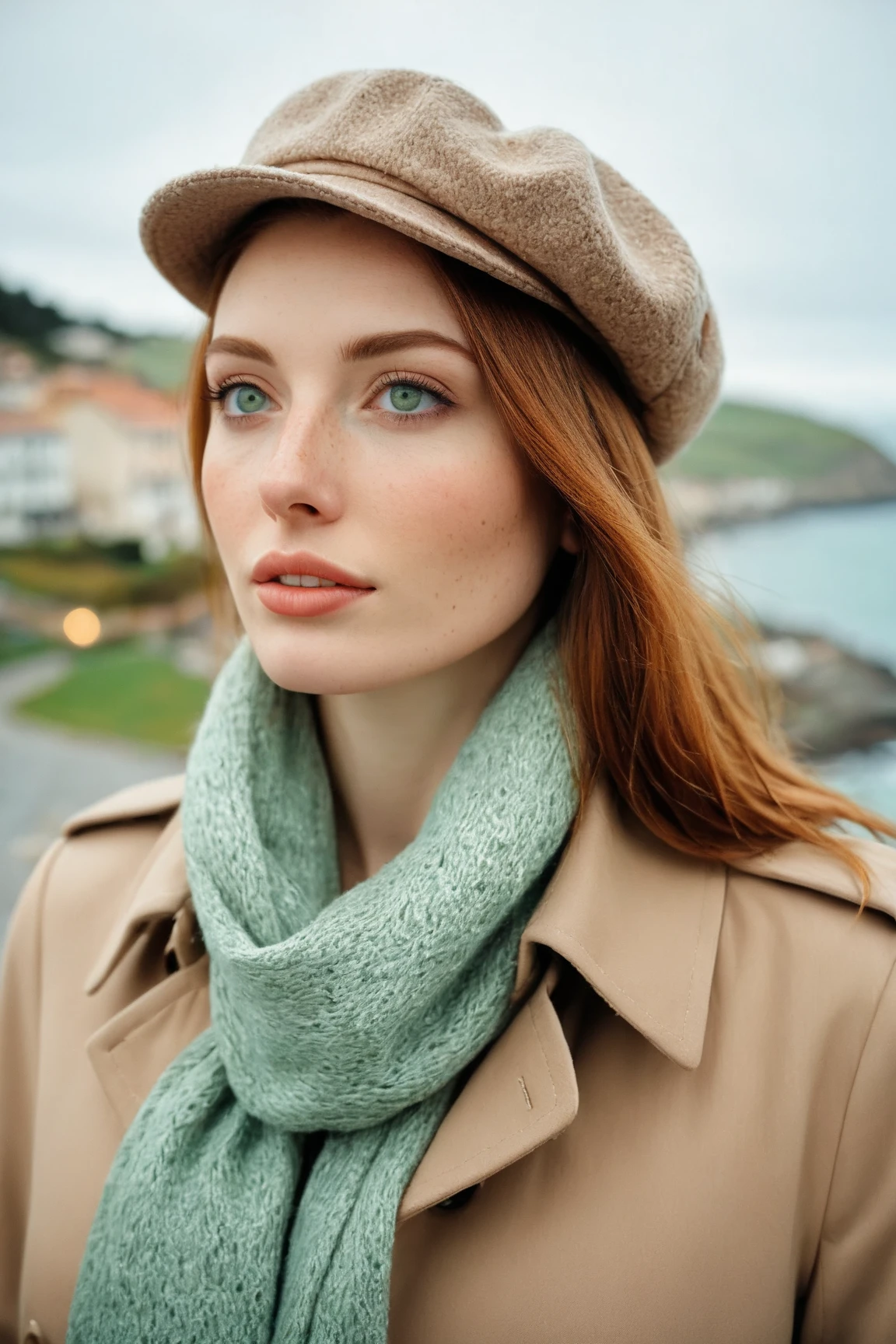 a realistic front-view portrait photography of a beautiful woman with green eyes standing in a town with ocean view, close-up shot, look up to the sky, detailed beautiful meek face, photo take by film camera, fashion lookbook, she has ginger hair, she wearing an trench coat and gray wool hat and scarf, dawn light, winter season, light snow falling, (bokeh), vintage green theme, diffused light, soft focus, depth of field, intricate detail, skin texture