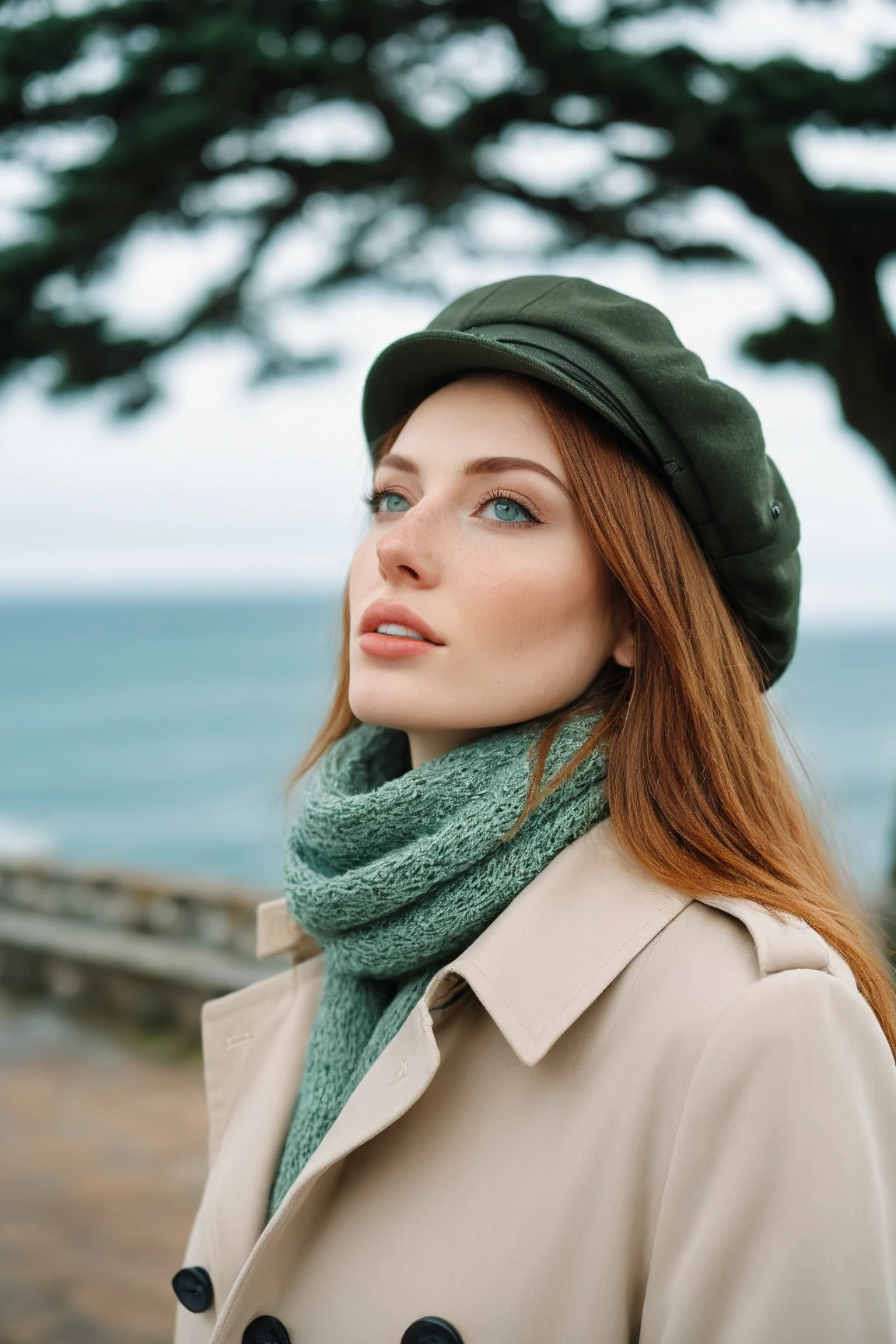 a realistic front-view portrait photography of a beautiful woman with green eyes standing in a town with ocean view, close-up shot, look up to the sky, detailed beautiful meek face, photo take by film camera, fashion lookbook, she has ginger hair, she wearing an trench coat and gray wool hat and scarf, dawn light, winter season, light snow falling, (bokeh), vintage green theme, diffused light, soft focus, depth of field, intricate detail, skin texture