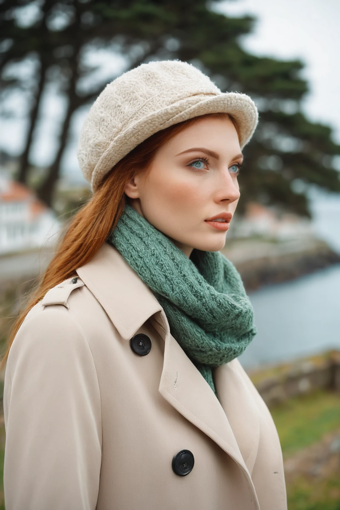 a realistic front-view portrait photography of a beautiful woman with green eyes standing in a town with ocean view, close-up shot, look up to the sky, detailed beautiful meek face, photo take by film camera, fashion lookbook, she has ginger hair, she wearing an trench coat and gray wool hat and scarf, dawn light, winter season, light snow falling, (bokeh), vintage green theme, diffused light, soft focus, depth of field, intricate detail, skin texture