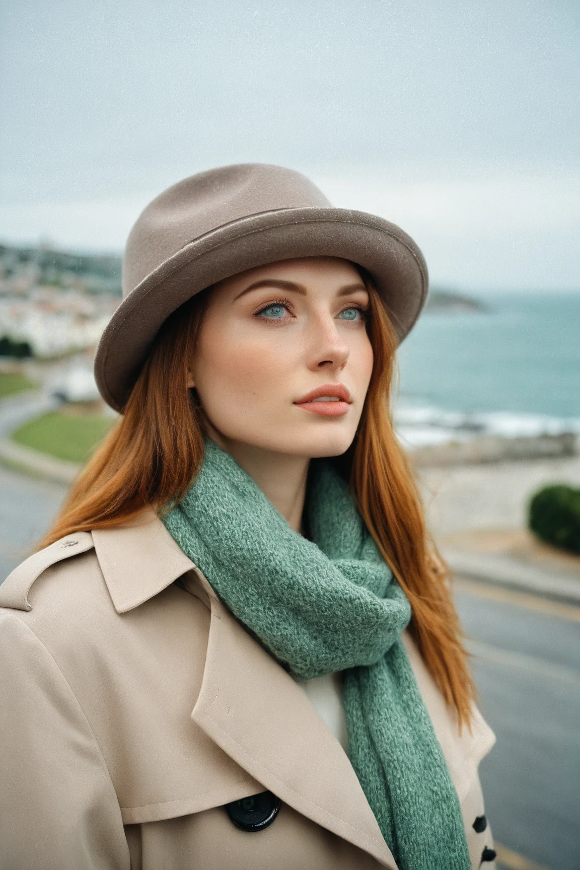 a realistic front-view portrait photography of a beautiful woman with green eyes standing in a town with ocean view, close-up shot, look up to the sky, detailed beautiful meek face, photo take by film camera, fashion lookbook, she has ginger hair, she wearing an trench coat and gray wool hat and scarf, dawn light, winter season, light snow falling, (bokeh), vintage green theme, diffused light, soft focus, depth of field, intricate detail, skin texture