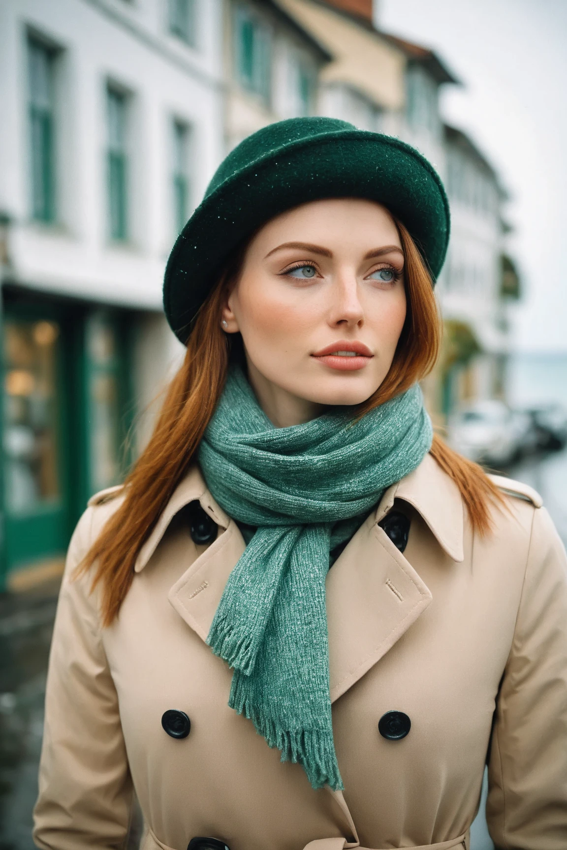 a realistic front-view portrait photography of a beautiful woman with green eyes standing in a town with ocean view, close-up shot, look up to the sky, detailed beautiful meek face, photo take by film camera, fashion lookbook, she has ginger hair, she wearing an trench coat and gray wool hat and scarf, dawn light, winter season, light snow falling, (bokeh), vintage green theme, diffused light, soft focus, depth of field, intricate detail, skin texture