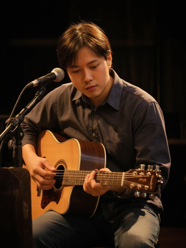 A skilled musician strums a classical guitar under the warm spotlight of a quiet stage. His fingers dance gracefully across the strings, filling the air with rich, melodic tones. The audience watches in awe, captivated by the harmony of his artistry and the intimate atmosphere.