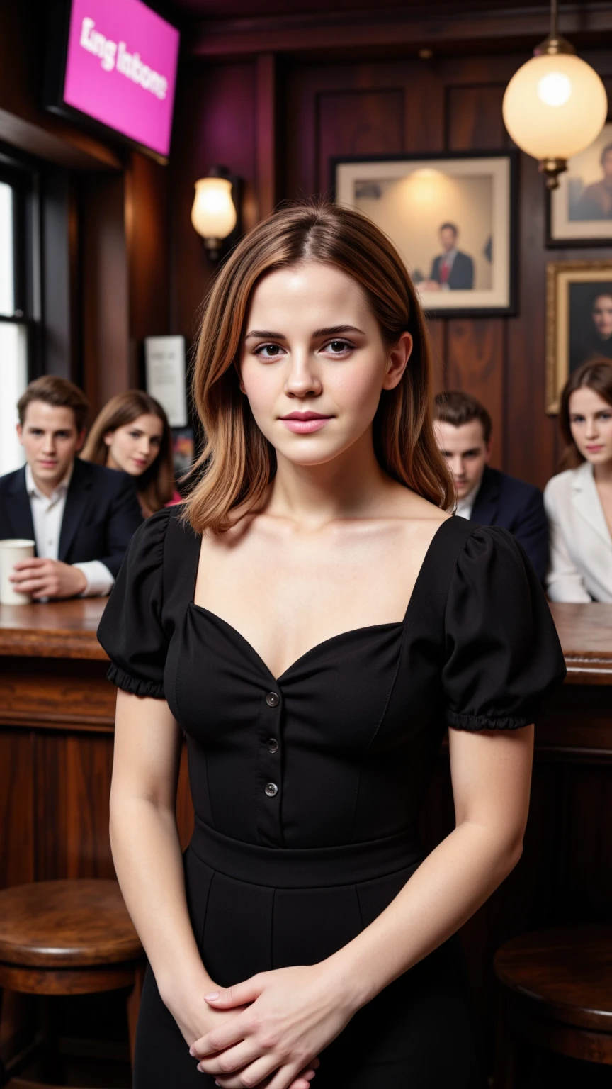 Professional photo of Beautiful emma watson British woman in a pub, velvia, shot on 65mm, 16 megapixels, 8k, photorealistic, amazing depth, glowing rich colors, powerful imagery, psychedelic overtones, 3 d finalrender, hyper realistic, 3 d shading, cinematic lighting, artstation concept art, aidmaRealisticPeoplePhotograph