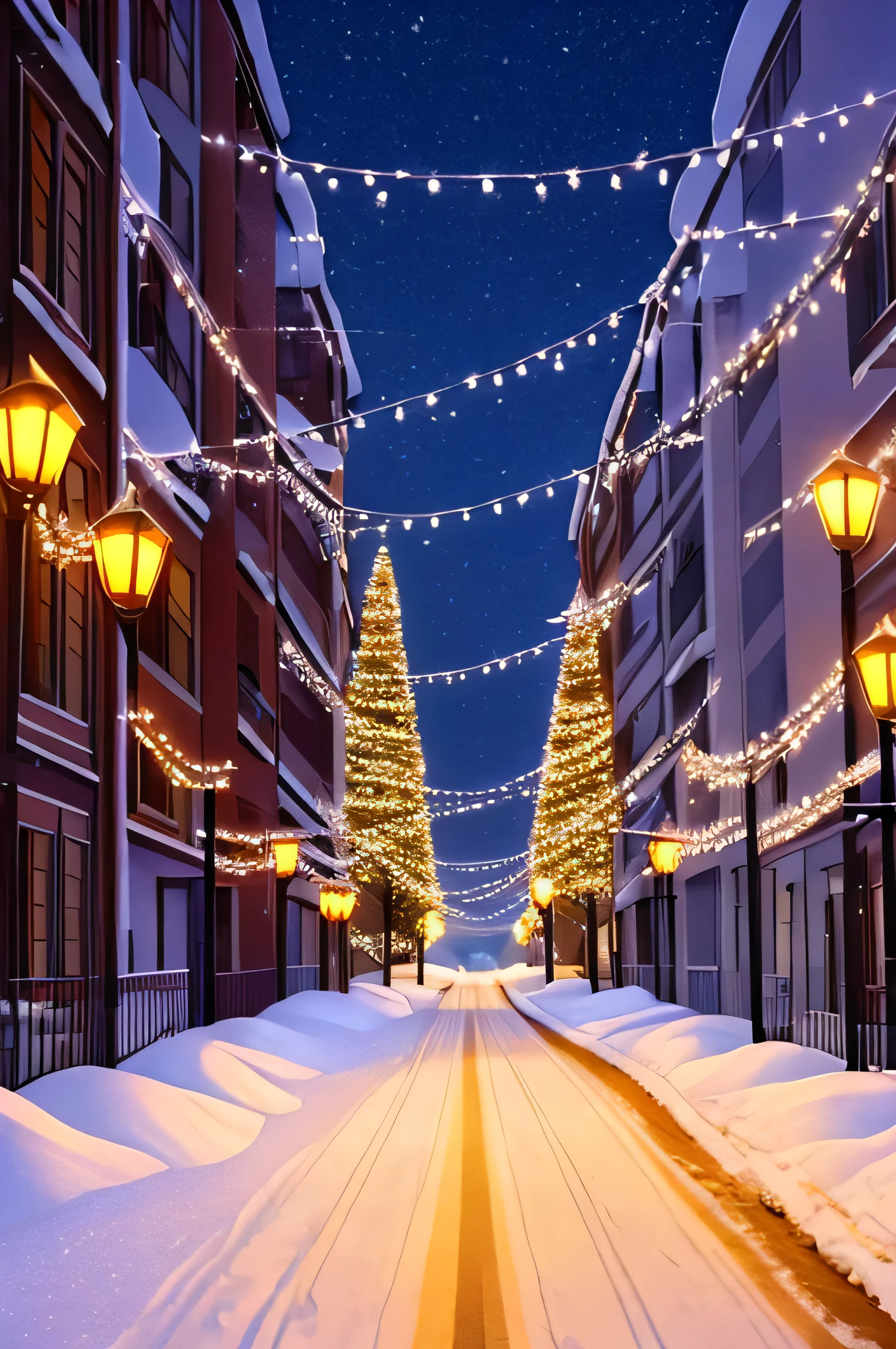 Imagine a street filled with snow, in a snowy weather, we can see apartments around. the road is beautiful with shiny lights.  close up.