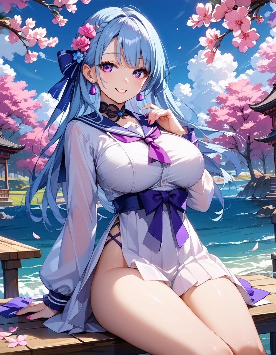  score_9, score_8_up, score_7_up,source_anime,anatomically correct,   1 beautiful girl, light blue with hair color, Purple and White Dress , purple eyes、 thighs、valley、 sailor suit, miniskirt, sitting、Big Breasts,chromatic painting  ,In the city、Cherry blossoms are growing、Cherry blossom trees,masterpiece, top quality , super detailed , 8K portrait , unity 8K wallpaper ,great detail、Upper body image、smile、Wave