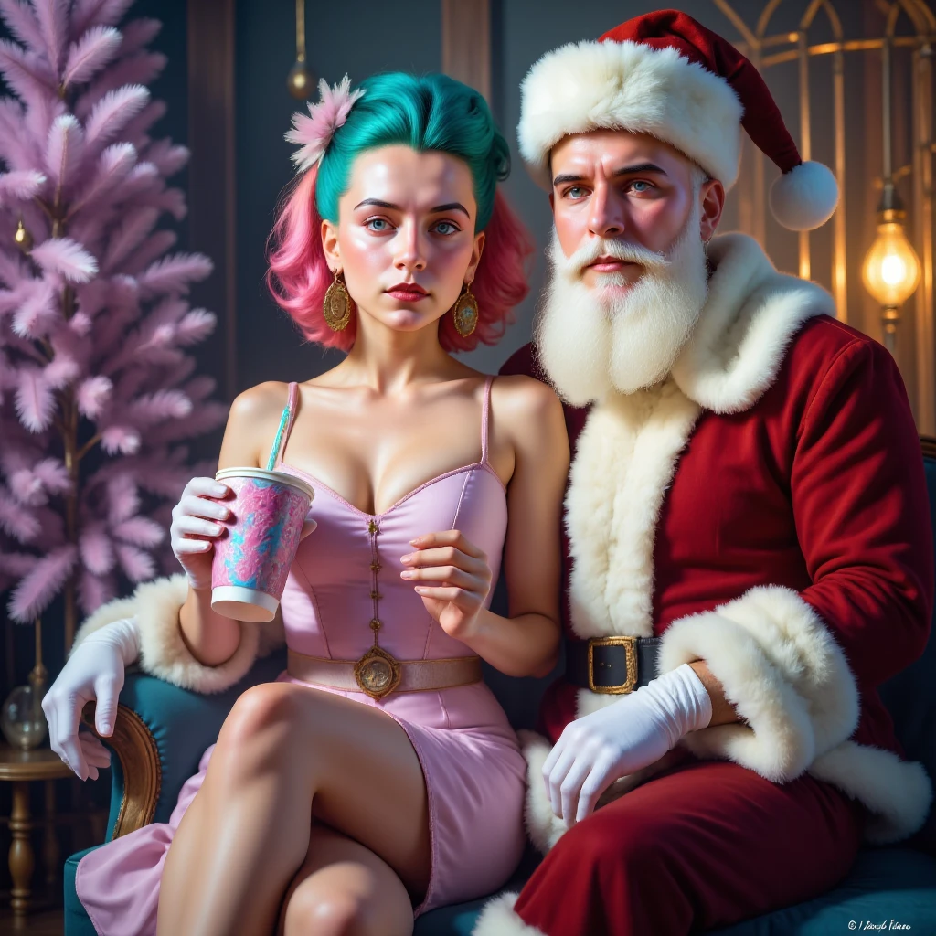 A XianXia maiden with teal and pink hair is sitting close beside Santa Claus on a comfortable sofa. She is sipping a plastic cup of pink bubble tea with shimmering iridescent pearls. Santa, with his warm presence, enjoys a cup of hot milk. The soft glow of a lilac Christmas tree bathes the scene, and the shadow of Santa looms gently behind them.