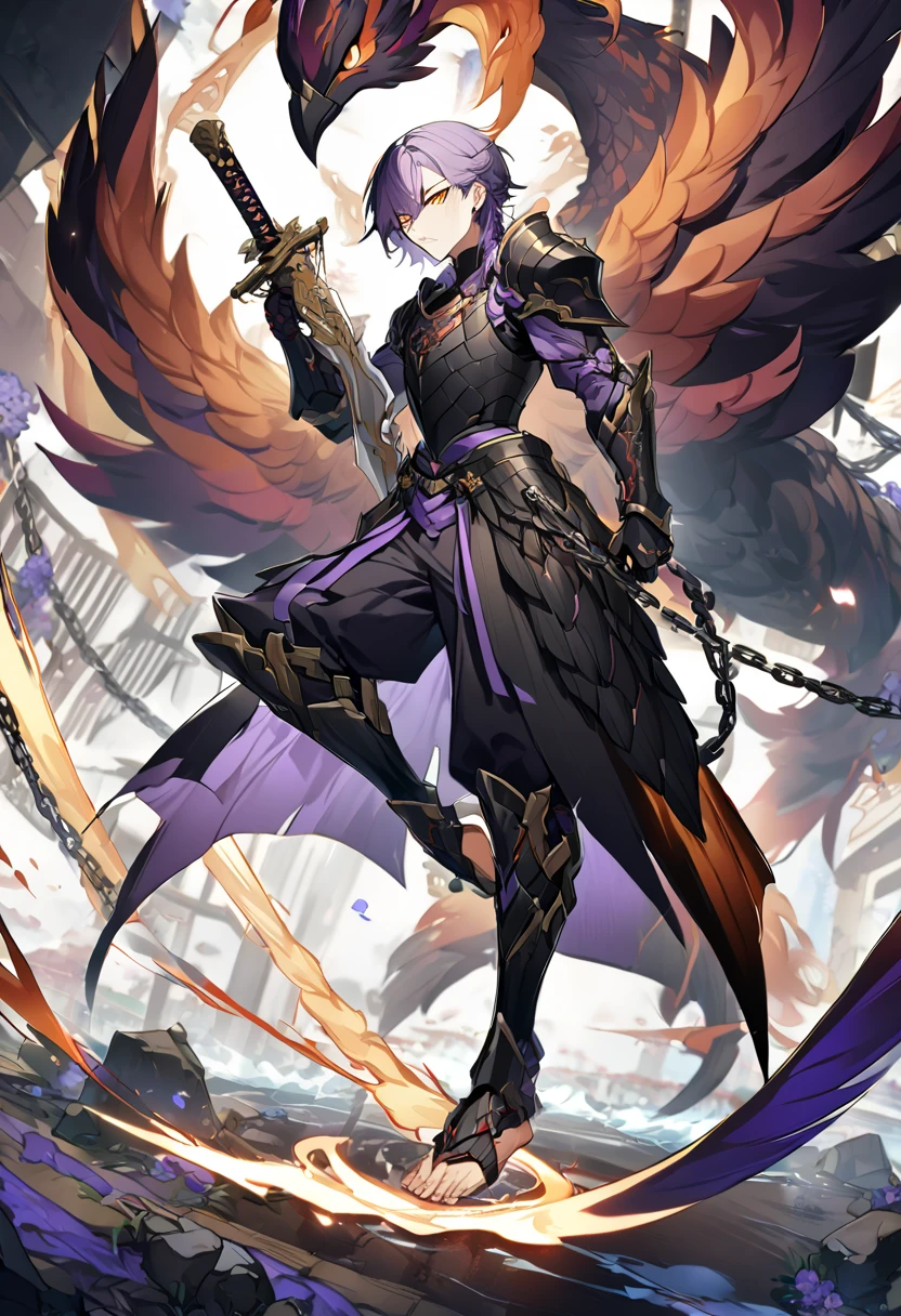 a man, thin, purple hair, orange eyes, using a large Japanese sword, black phoenix armor, chains on his right foot, high definition 8k