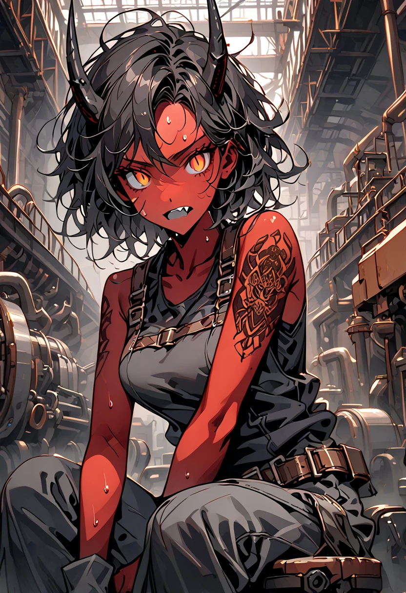 solo, female, oni, tomboy, attractive, close up, red skin, short black horns, orange eyes, slit pupils, short black hair, messy hair:0.3, fang tooth, black claws, tattoo, broad shoulders, stocky build, muscular, tight-fitting black tank top, working clothes, boots:0.3, factory, Victorian era, working at factory, slighty bulky body, dark, indoors, sitting, grimy, sweat, bronze buckle, towel