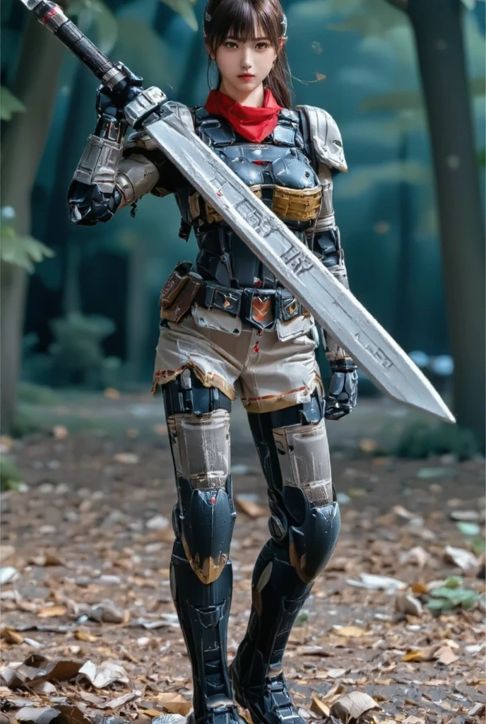 A ladies soldier wears an advanced mecha combat suit that enhances physical strength, speed, and agility, providing solid defense. His vision is enhanced with augmented reality lenses, and he has advanced technology that boosts his jumping ability. His combat boots have a *booster function* for speed, and a *jet booster system* on his back increases his running speed through the dark forest., The soldier wields *The Big Atomi Sword*, an enormous blade powered by *super-dense atomic energy*, glowing ominously in the dark. The sword bears the name 'HIRO' and other kanji inscriptions, crafted with technology beyond its time., The soldier also wears a high-tech mouth cover, a large headset, and a red scarf tied around his neck. His combat jacket is tied at the waist, and his hands are wrapped in worn bandages, adding to his rugged appearance.