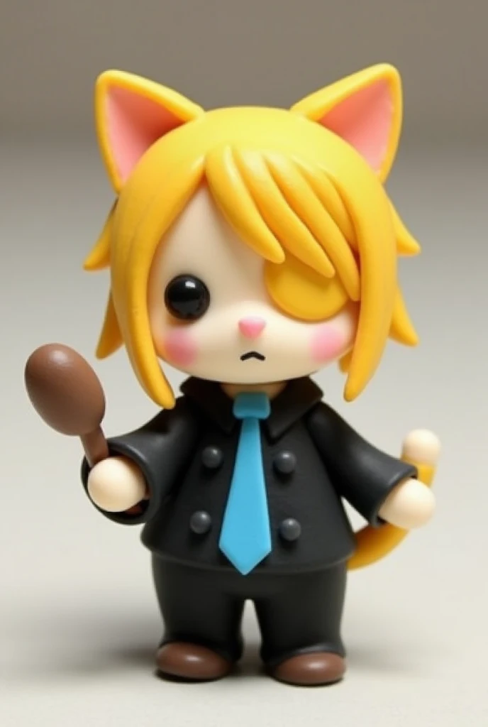 A handmade polymer clay figurine of a cute cat dressed as a chef, inspired by Sanji from One Piece. The cat has sleek yellow hair covering one eye, wears a black suit with a blue tie, and holds a tiny frying pan. The style is minimal and charming, with simple details to emphasize its playful design. The background is neutral to focus attention on the figurine.