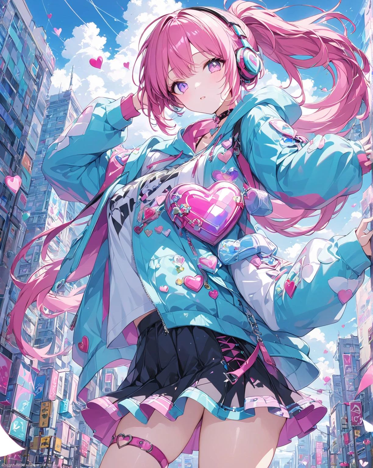 Heart-shaped choker, (masterpiece, highest quality), Official Art, beautifully、aesthetic: 1.2), (1 girl), Very detailed, (Geometry Art: 1.3), colorful、Pink Bob Hair、Cat ear hood、mini skirt