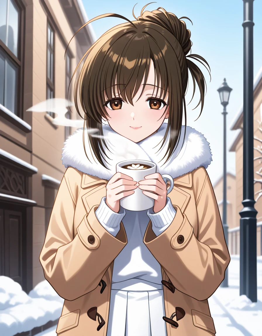 score_9, score_8_  up, score_7_  up BREAK 1girl, Alone, Akizuki Sarah   , Brown Hair,  summary hair , Hair Bun,   brown eyes, lips,  Feeling depressed:1,2、  white skirt、white fluffy long coat、  white sweater、 covered in snow、  Snowflake 、chuckle、Snow Hill  、  sunshine、 outdoor、 snowy mountains、Holding warm cocoa with both hands,  drinking hot cocoa 、Mugs、( steam:1.3)、smile、  closed mouse