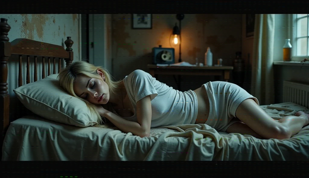 Realistic, side view of a frail, drug-addicted young blonde woman, resembling Emma Stone, with a large interpupillary distance. She lies asleep in a cluttered, dimly lit room, covered by a thin, worn blanket that partially hides her fragile frame. Her head rests on a stained pillow, eyes closed, and she wears an oversized, XXL white T-shirt, visible above the blanket. The bed is messy with mismatched sheets, and the room is dirty, filled with scattered trash—empty bottles, crumpled papers, and discarded items. The walls are stained and cracked, while a small, flickering lamp casts uneven shadows, adding to the somber, neglected atmosphere