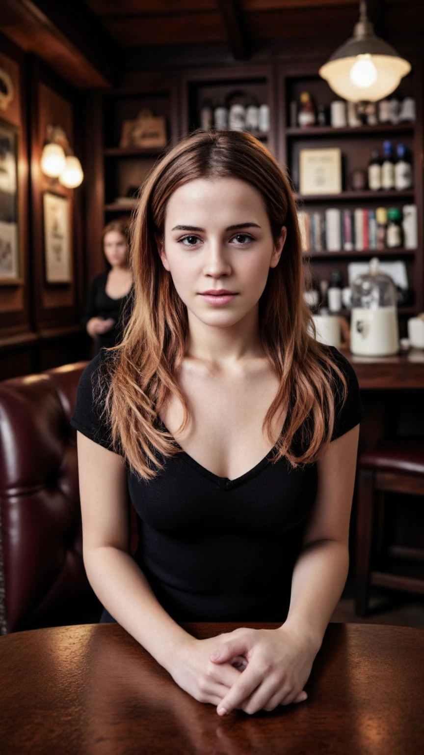 Professional photo of Beautiful emma watson British woman in a pub, velvia, shot on 65mm, 16 megapixels, 8k, photorealistic, amazing depth, glowing rich colors, powerful imagery, psychedelic overtones, 3 d finalrender, hyper realistic, 3 d shading, cinematic lighting, artstation concept art, aidmaRealisticPeoplePhotograph