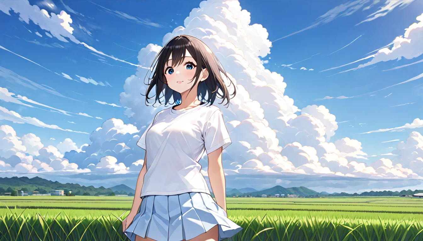   high school girl、 Short-sleeved plain shirt   、   with rice paddies stretching all the way to the horizon 、  I have a light blue miniskirt   、Clear sky and cumulonimbus clouds    