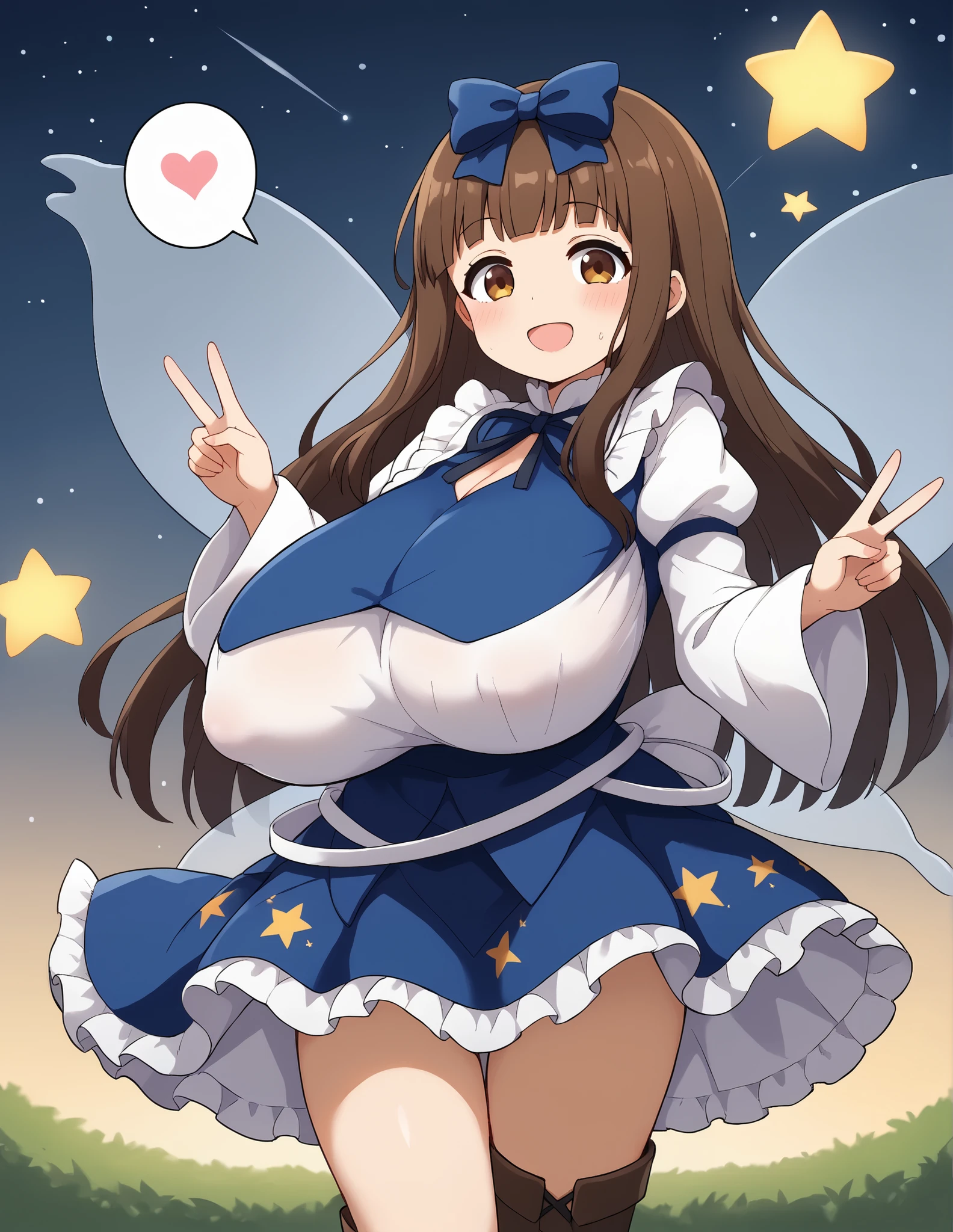 score_9,  Source_Anime, rating_explicit break 1girl, East, Star sapphire, long hair, Fairy Wings,  brown eyes, Brown Hair,  hair bow,
 blue dress,  Juliet Sleeve,  brown boots , ribbon, (Star-printed skirt, Starry skirt:1.2), Star \(symbol\),
double V ,
cloud, Starry night sky,  over the hill at sunset, smile,1girl,(((oppai loli))),bangs,blunt_bangs,brown_hair,hime_cut,long_hair,ribbon,Alone,blush,sweat,breasts,cleavage,open_mouth,brown_eyes,heart,eyebrows_visible_through_hair,outdoors, gigantic_breasts,smile,looking_at_viewer,covered_nipples,huge_breasts,Star_(symbol),Wings,long_sleeves,dress,Wide_sleeves,upper_body,bow,frills,:d,speech_bubble,cleavage_cutout,fairy_Wings,hair_bow,blue_bow,bouncing_breasts,blue_dress,puffy_sleeves,Star_print,blurry_background,frilled_bow