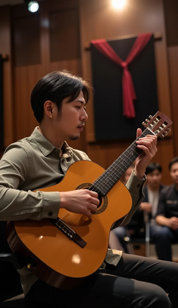 jojo, 37-year-old male, Masterpiece, best quality best East Asian people, one person, 8k, high detail, high detail, detail eyes, hyper realistic, (photorealism:1.2), Black hair with gray Sporadic, A skilled musician strums a classical guitar under the warm spotlight of a quiet stage. His fingers dance gracefully across the strings, filling the air with rich, melodic tones. The audience watches in awe, captivated by the harmony of his artistry and the intimate atmosphere.