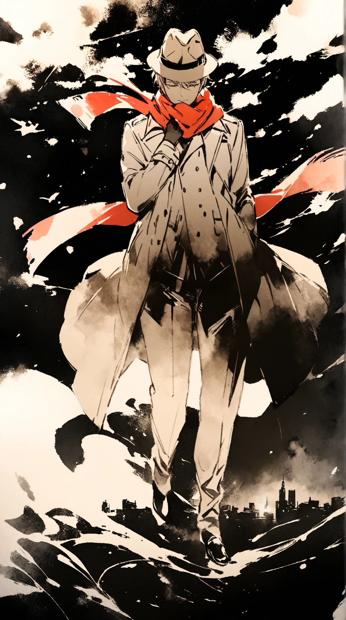 score_9, score_8_up, score_7_up, score_6_up, masterpiece, best quality, watercolor, double exposure, brown monochrome, man, solo, full body, trench coat, long red scarf flying in the air, fedora, looking down, cold breath, night, dim, silhouette of a man's face\(profile shot, city landscape\),