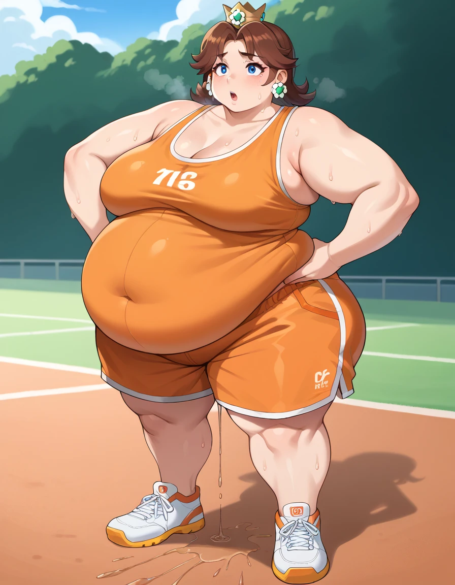 Daisy,brown hair,blue eyes, short hair,flower earrings,small crown, bright orange tank top with a flower brooch on her chest, white high collar, orange shorts, orange tennis shoes with yellow laces, midriff, number 8, standing, sweaty, exhausted, hand on hips soccer field, science fiction, outdoors, (insanely detailed, masterpiece, best quality), sweating profusely, exhausted, breathing, open mouth, steam coming out of her mouth, hands on hips, dripping sweat, dripplits of sweat on the floor, puddle of sweat, thick, obese, soft belly, chubby, wide hips, sexy hips, full body, big belly, thicc thighs, out of breath, tired expression, sexy