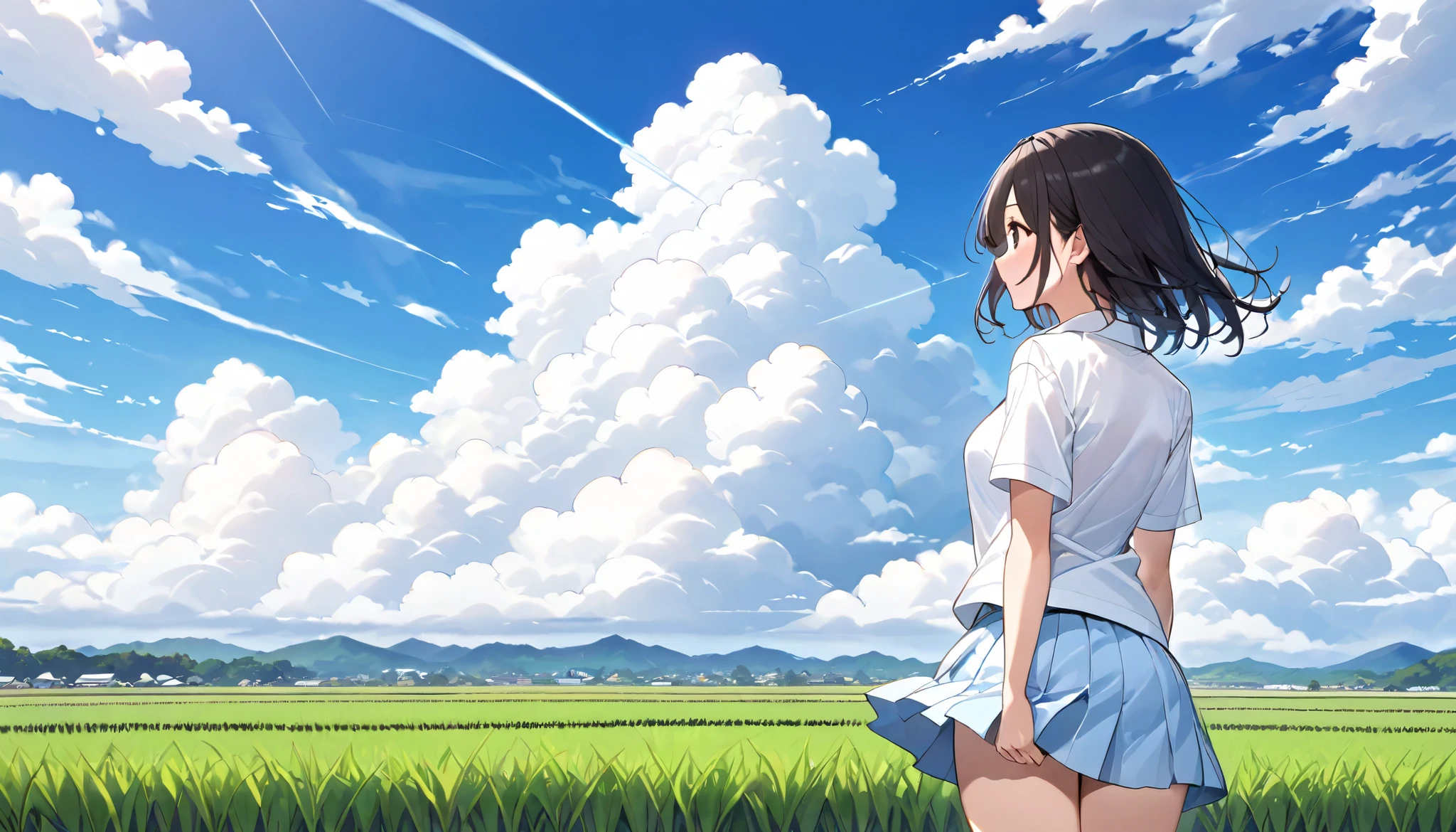   high school girl、 Short-sleeved plain shirt   、   with rice paddies stretching all the way to the horizon 、  I have a light blue miniskirt   、Clear sky and cumulonimbus clouds    