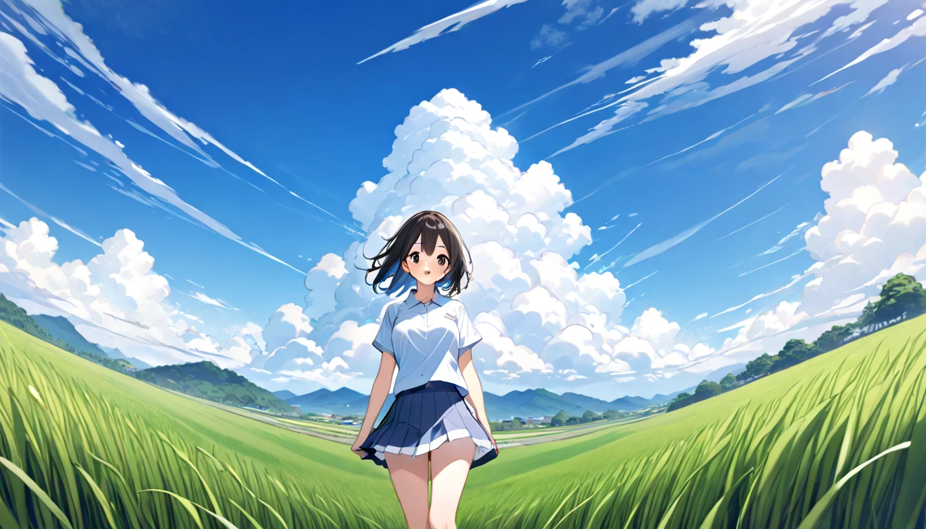   high school girl、 Short-sleeved plain shirt   、   with rice paddies stretching all the way to the horizon 、  I have a light blue miniskirt   、Clear sky and cumulonimbus clouds    