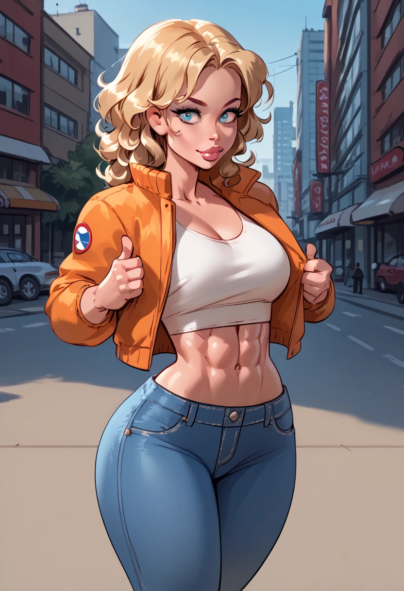 stunningly beautiful 20 yo woman, long blonde curly hair, sexy attractive woman, short fur jacket, bare midriff, jeans pants, sixpack abs, strong well defined muscle, lean powerful bodybuilder physique, perfect and flawless musculature, great muscle definition, gigantic massive and bulging physique, very broad round hips, small firm breasts