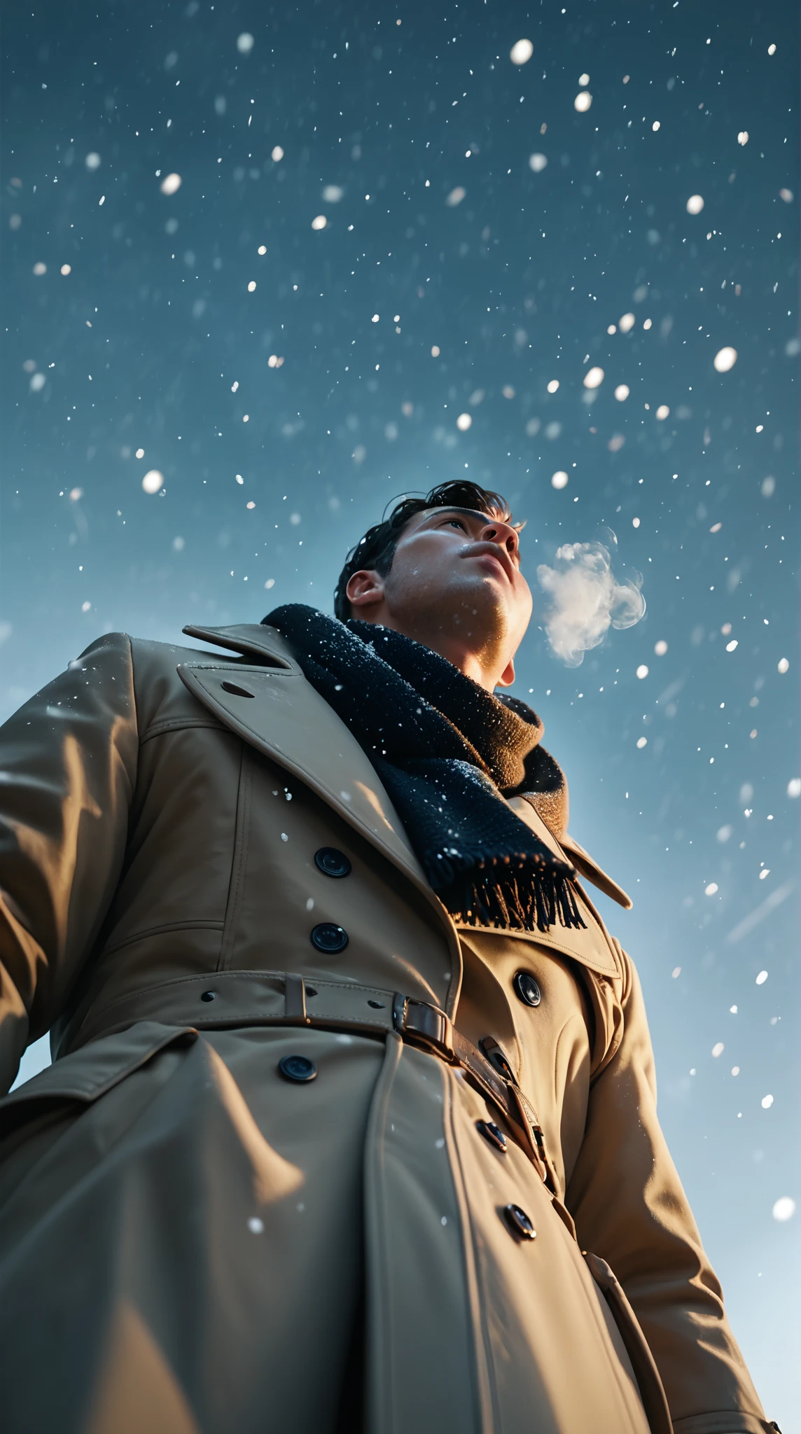 score_9, score_8_up, score_7_up, score_6_up, masterpiece, best quality, man, solo, low angle, trench coat, scarf trailing in the air, looking up the sky, cold breath, night, dim, simple background, snowing