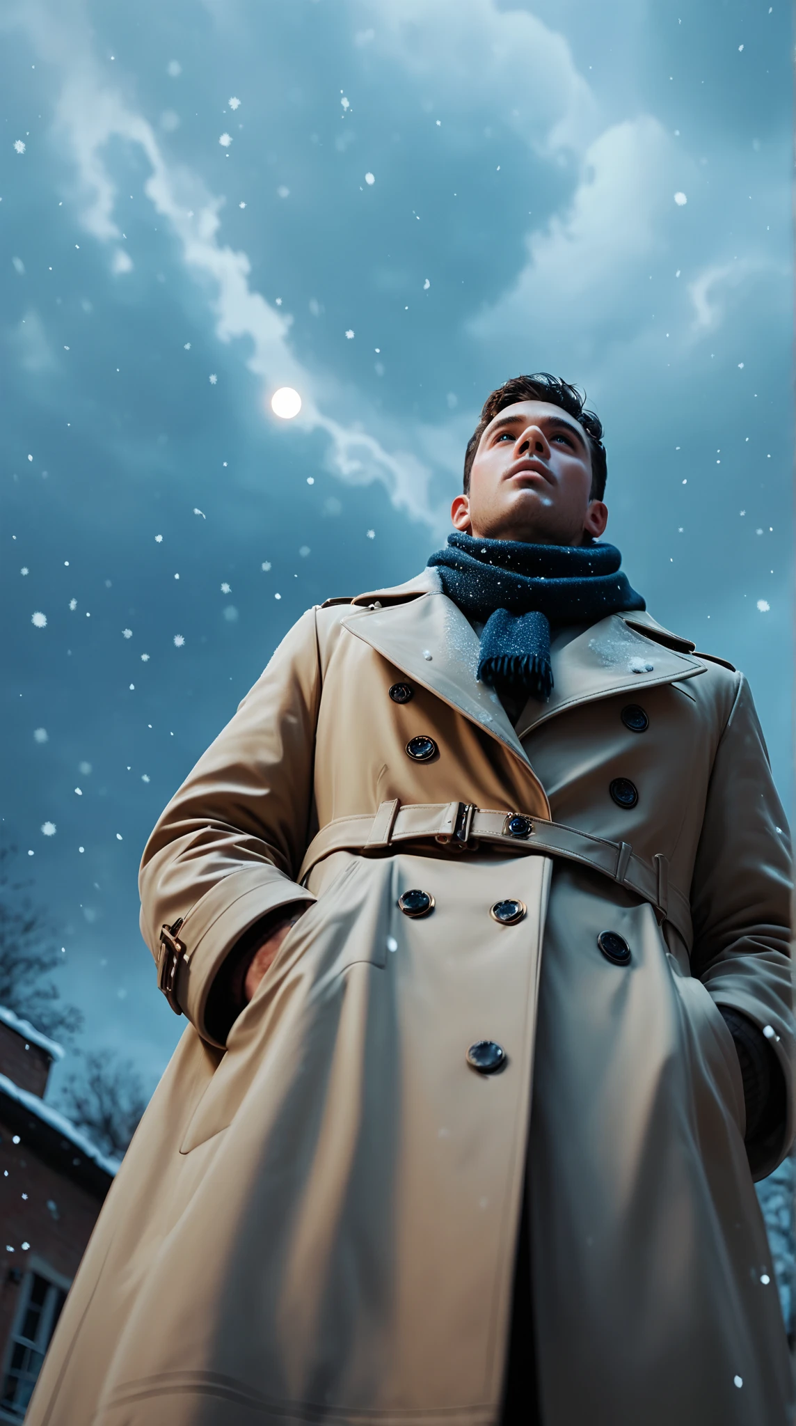 score_9, score_8_up, score_7_up, score_6_up, masterpiece, best quality, man, solo, low angle, trench coat, scarf trailing in the air, looking up the sky, cold breath, night, dim, simple background, snowing