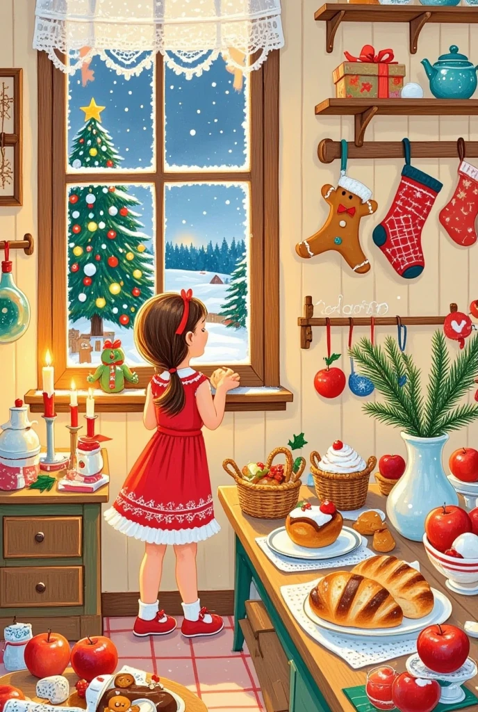 Christmas illustration ，window，table，bread，cake，Candle，glass，Christmas tree，curtain，sock，kitchen，Gingerbread Man， apples，girl