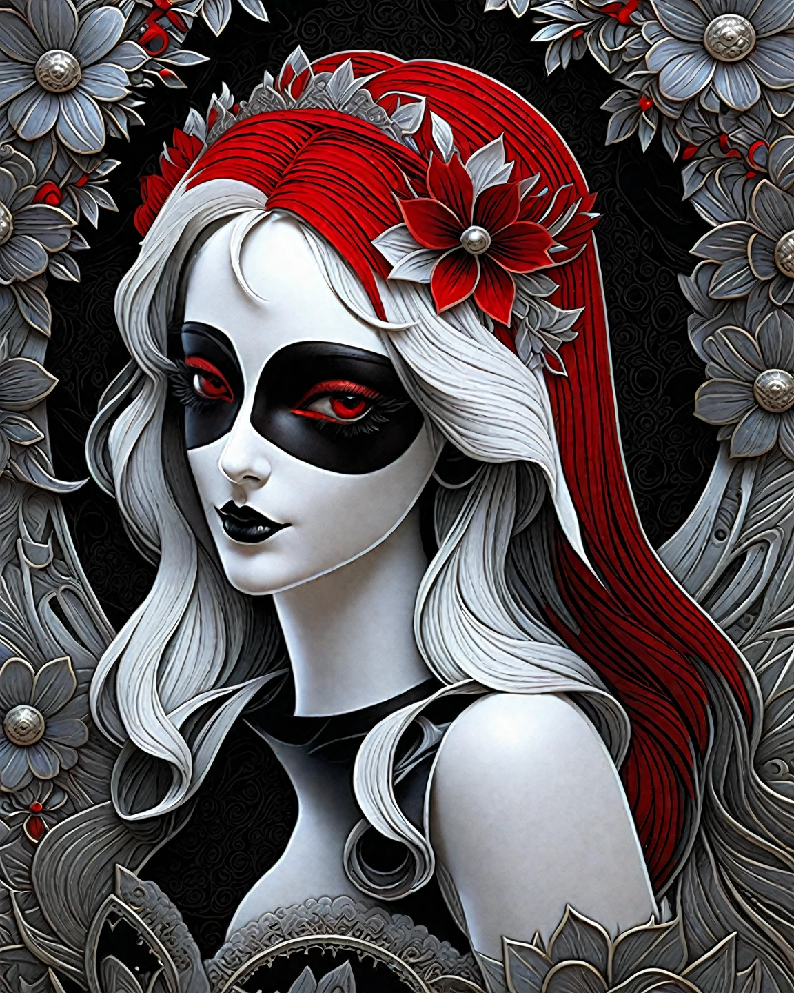watercolor, day of the dead, skeleton face paint, ornate jewelry, gems, ornate silver, red eyes, closeup, face jewelry, silver lips, silver hair, ((silver ornate bindi)), jewels, long hair, ((ink wash painting)), abstract, bleeding colors, pastel