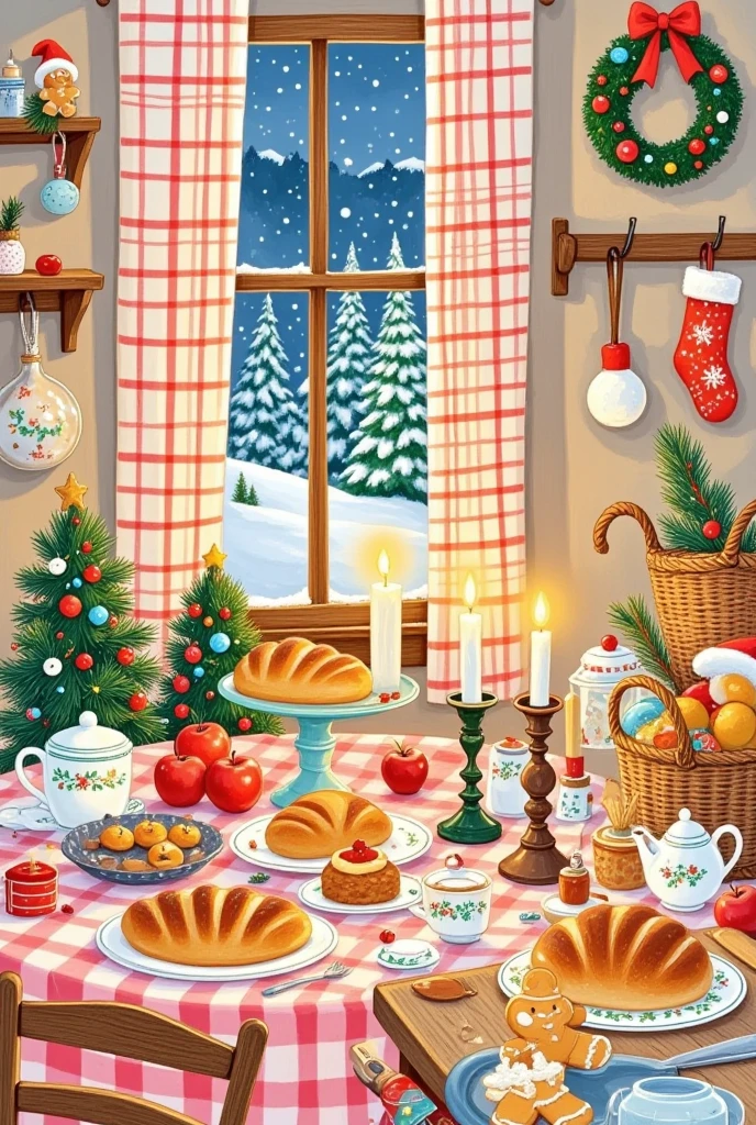 Pastel Art，Christmas illustration ，Plaid curtains ，The kitchen tablecloth is lined with bread、cake、Candle、glass、Christmas tree、Gingerbread Man、 apples、tableware、 with socks and Christmas wreaths hanging on the wall。 Santa Claus 。Artist's signature in the bottom right corner"Jennie"