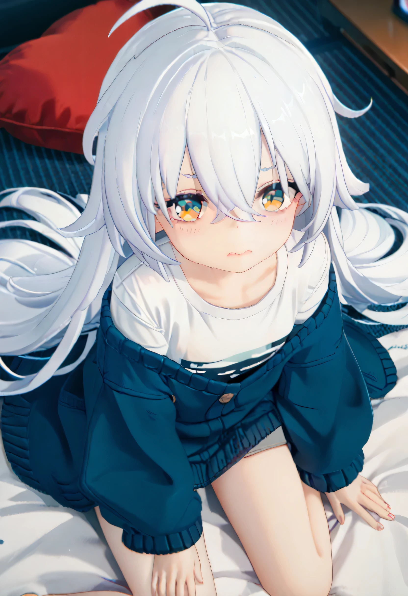 ((white shirt)) under oversized blue cardigan, skinny body, flat chest, ((miniskirt:1.2))、Put on clothes , very long hair, ahoge, crossed bangs、white hair、round face、 is short、Baby Face, wariza, ((Looking up:0.5)), wavy mouth, open her mouth, hair over one eye, erection her nipples under ((white shirt)), blush 