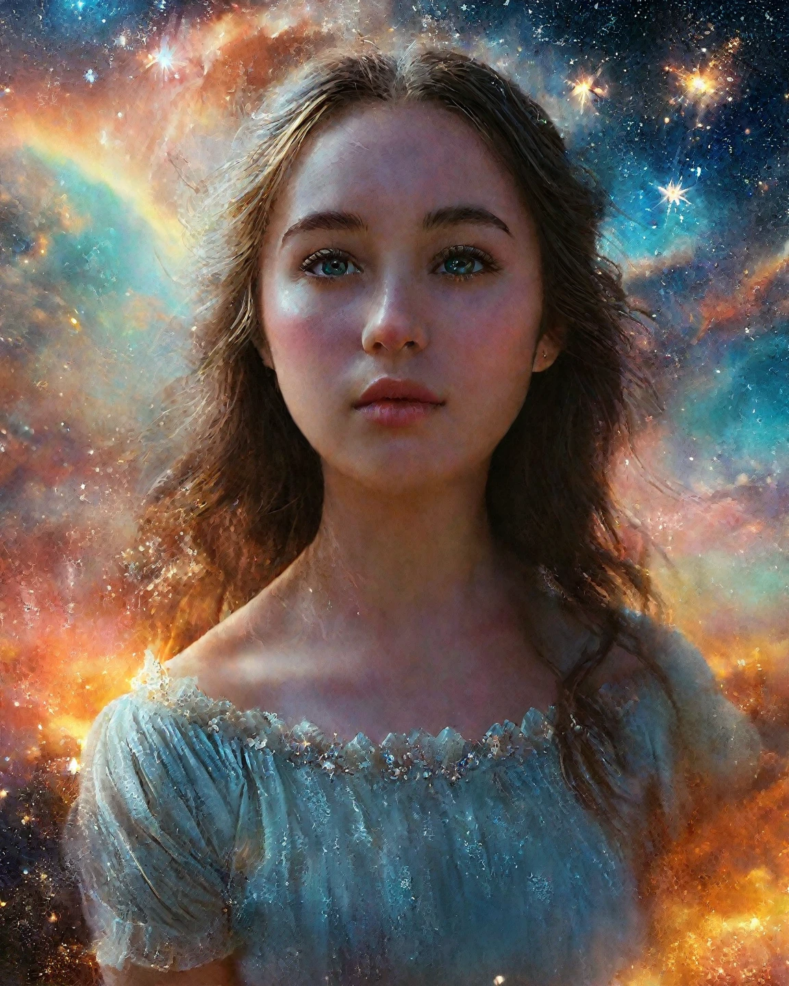 meio retrato, melhor qualidade, obra-prima, ultra alta res, (foto realista: 1.4), surrealismo, onírico, 1 menina, cabelo absurdamente longo, starry sky, noite, estrelas, galaxy, flor, --auto --s2