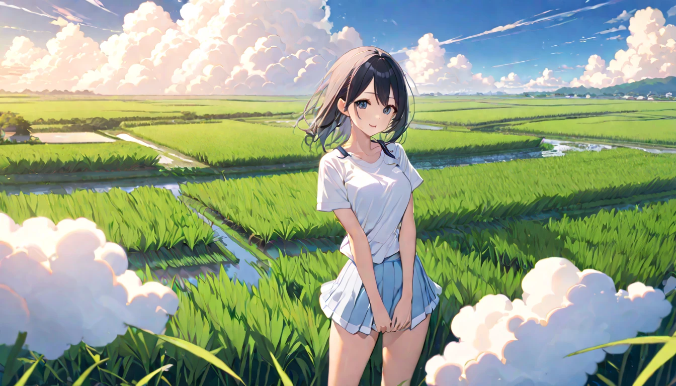   high school girl、 Short-sleeved plain shirt   、   with rice paddies stretching all the way to the horizon 、  I have a light blue miniskirt   、Clear sky and cumulonimbus clouds    