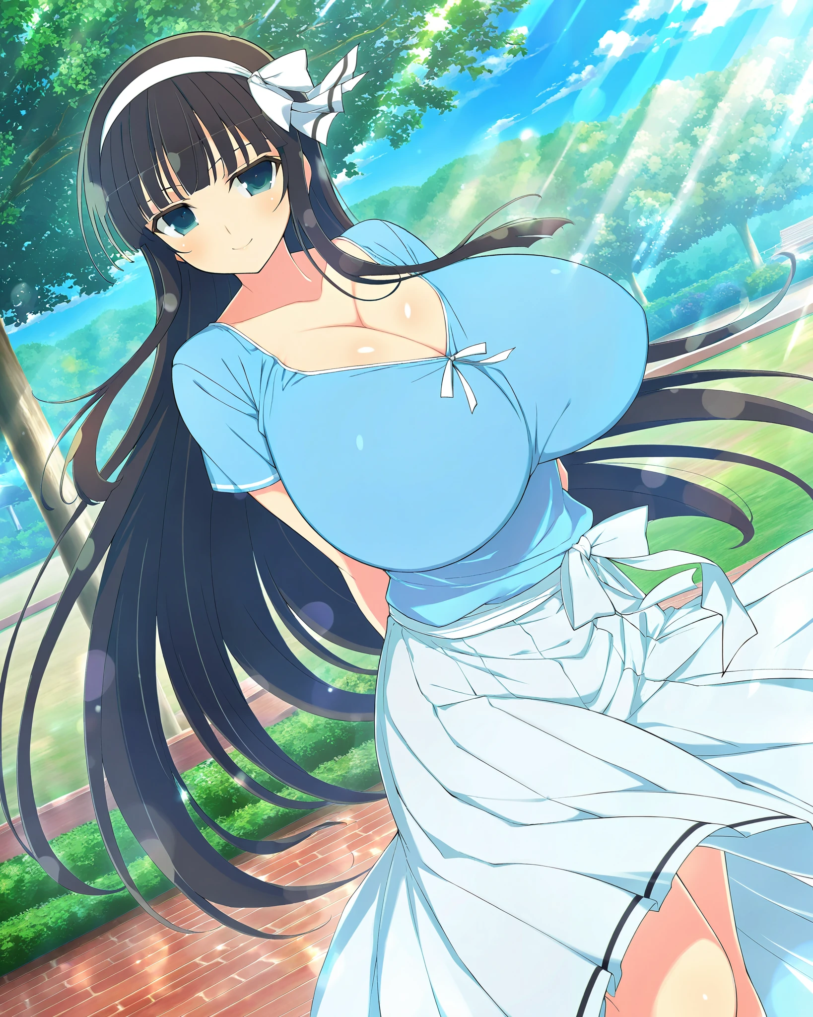 masterpiece, best quality, anime art style, Official Art, yaegashi nan(artist), perfect eyes, detailed eyes, perfect face, perfect hair, detailed hair, beautiful character design, 1 girl, alone, Ikaruga (Senran Kagura New Link), black hair, blunt bangs, hime cut, blue eyes, black pupils, white hairband, sweet smile, standing, arms behind back, looking at viewer, slim body, gigantic breasts, cleavage, short sleeves, scoop neck shirt, blue shirt, pleated white skirt, long skirt, outdoors, at the park