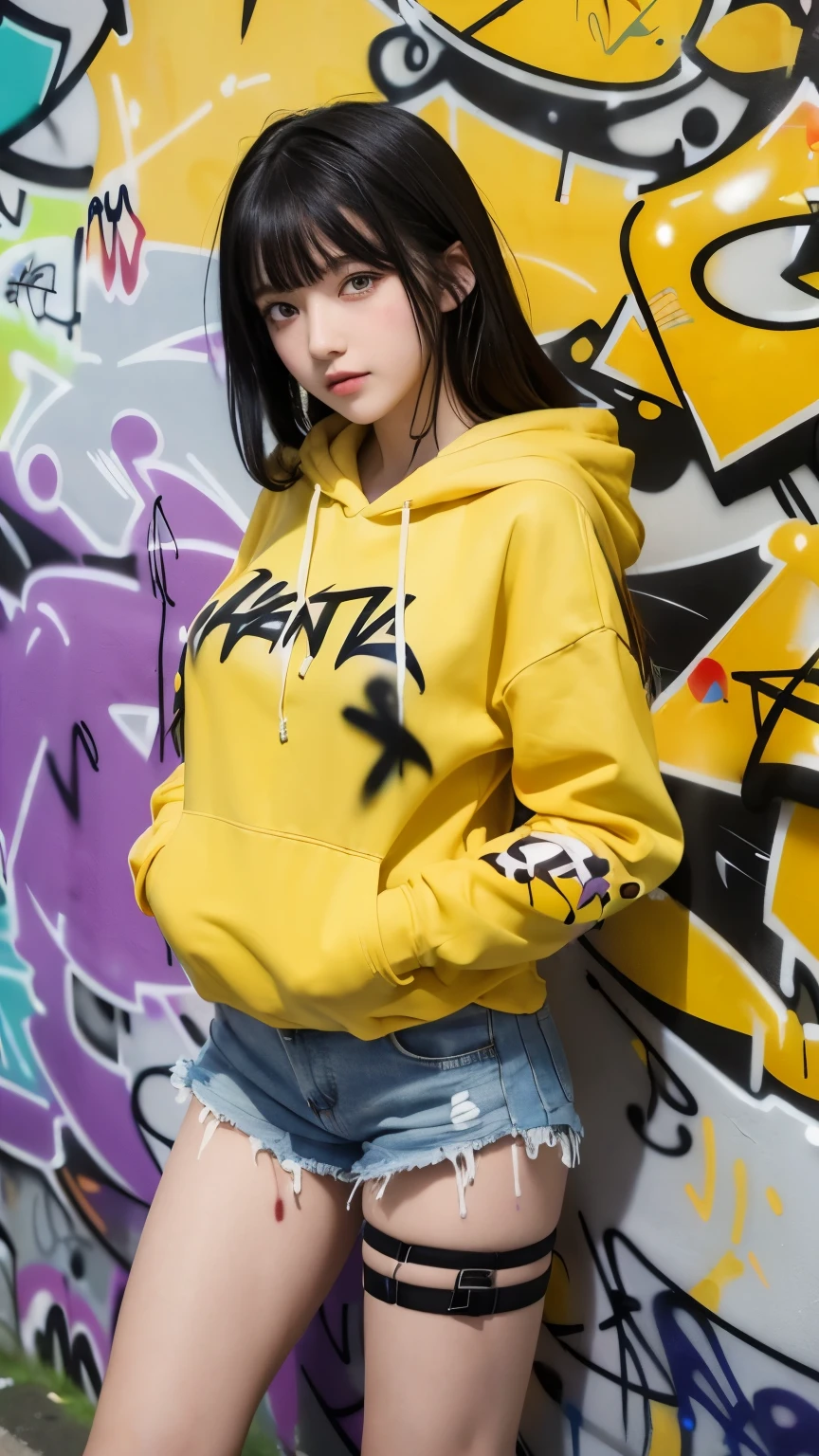 masterpiece, best quality, 1girl, solo, Yellow hoodie, Big Breasts, denim shorts, Hinata Hyuga, (graffiti:1.5), paint splatter, Hands on pocket, against wall, looking at viewer, thigh strap, paint on body, head tilt, Black hair, Purple eyes, Realistic