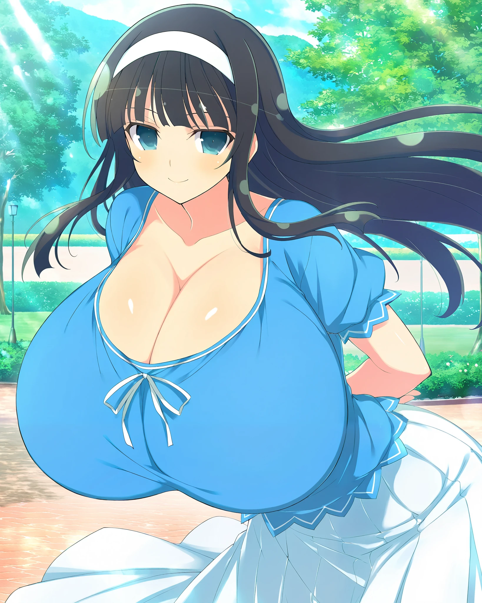 masterpiece, best quality, anime art style, Official Art, yaegashi nan(artist), perfect eyes, detailed eyes, perfect face, perfect hair, detailed hair, shiny hair, beautiful character design, 1 girl, alone, Ikaruga (Senran Kagura New Link), black hair, blunt bangs, hime cut, blue eyes, black pupils, white hairband, sweet smile, standing, arms behind back, looking at viewer, slim body, cowboy shot, dynamic pose, gigantic breasts, cleavage, short sleeves, scoop neck shirt, dark-cyan blue shirt, pleated white skirt, long skirt, outdoors, at the park