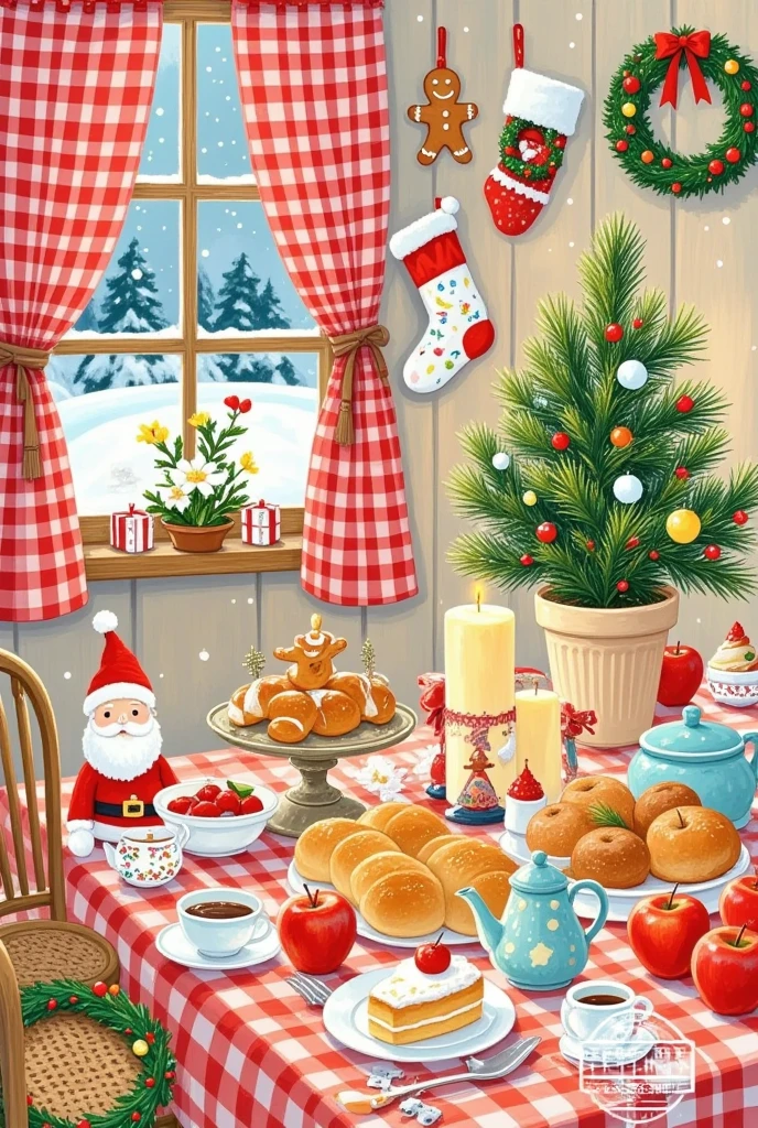 Pastel Art，Christmas illustration ，Plaid curtains ，The kitchen tablecloth is lined with bread、cake、Candle、glass、Christmas tree、Gingerbread Man、 apples、tableware、 with socks and Christmas wreaths hanging on the wall。 Santa Claus 。Artist's signature in the bottom right corner"Jennie"