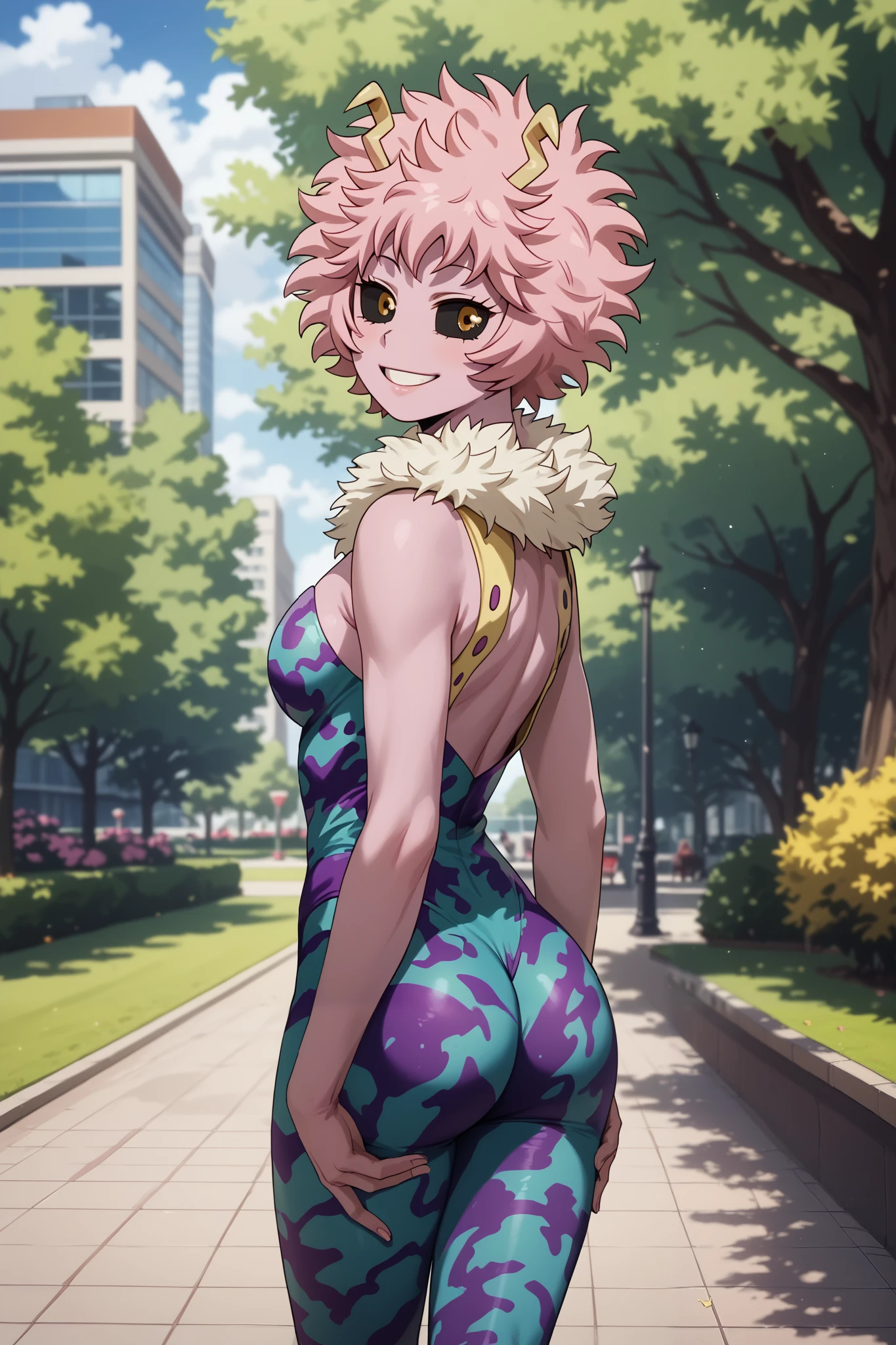 ((mina ashido)), ((masterpiece)), ((high resolution)), ((cartoon style)), ((solo portrait)), ((back view)), {(attractive figure), (toned body), (beautiful legs), (pink skin), (yellow horns), (pink hair), (yellow eyes), (black sclera), (long eyelashes), (excited smile)}, {(hero costume), (blue bodysuit)}, {(looking back at viewer)}, ((park))