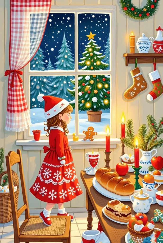 Christmas illustration ，window，table，bread，cake，Candle，glass，Christmas tree，curtain，sock，kitchen，Gingerbread Man， apples，girl