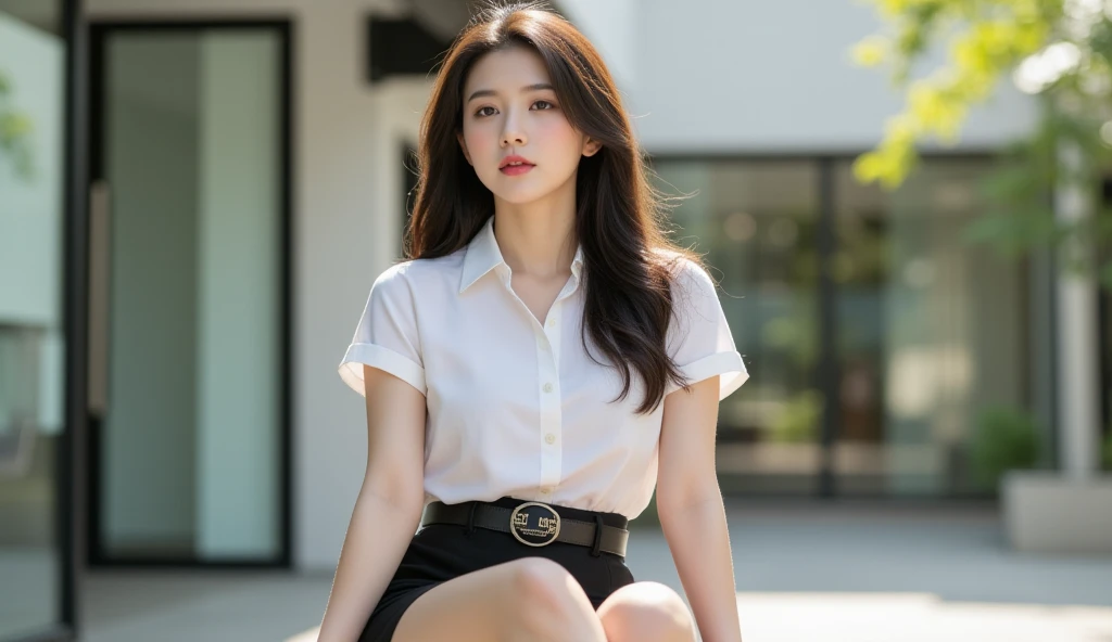 1 Girl,office,Sitting in an office chair,Soft Light,Chinese Beauty,Tight Fit,dress,Dark-haired,long hair,
