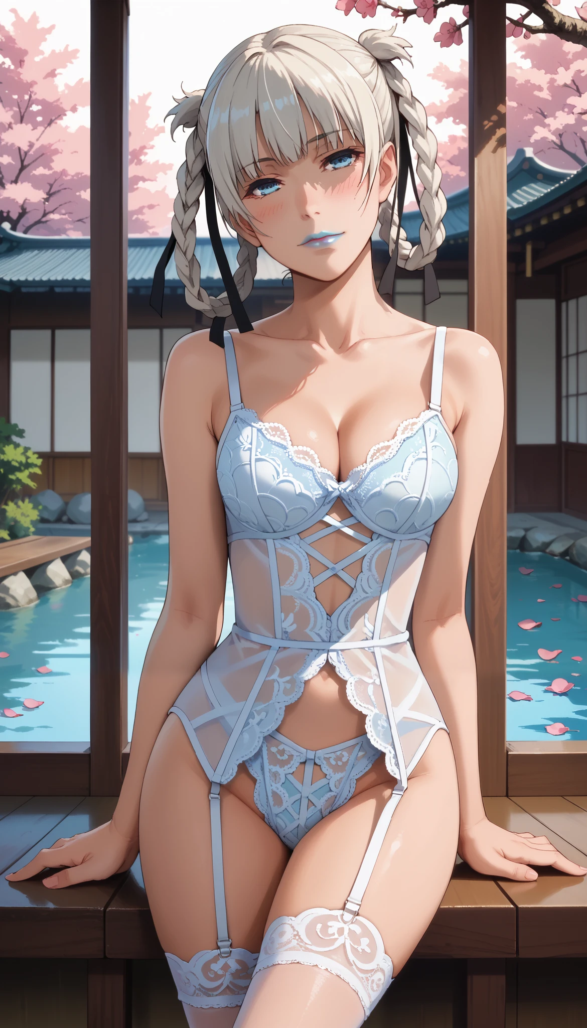 Score_9, score_8_up, score_7_up, score_6_up, source_anime, rating:general, 1girl, kirari momobami, white hair, braided hair, sultry look, head tilt, blush, pale white skin, lingerie bodysuit, floral lace, garter straps, lace panty, blue eyes, blue lipstick, colored contacts, perfect face, medium sized breasts, cleavage, exposed shoulders, traditional Japanese garden, cherry blossoms, cherry blossom petals, solo, 8k quality, vivid colors, perfect lighting, perfect shadowing, god rays, perfect positioning