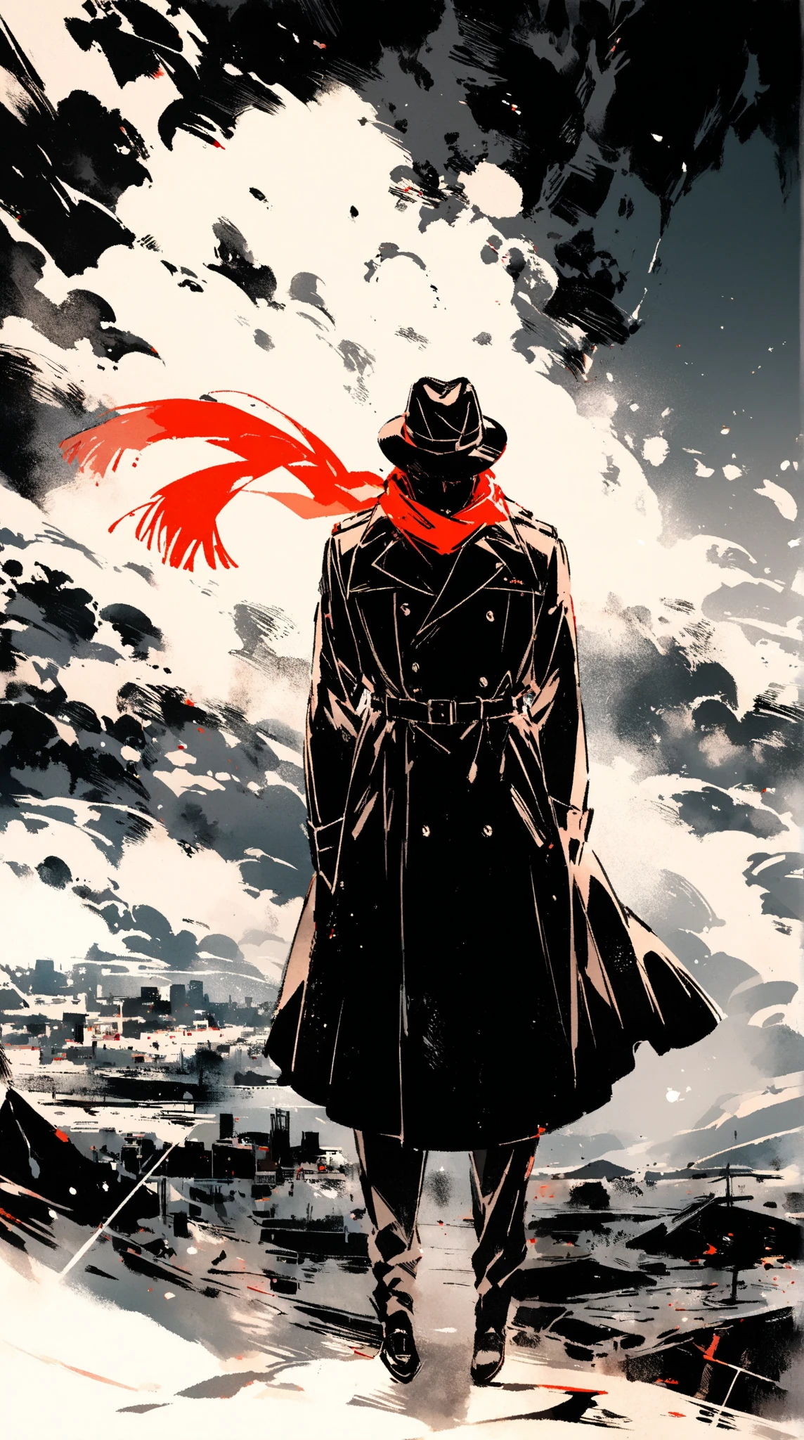 score_9, score_8_up, score_7_up, score_6_up, masterpiece, best quality, watercolor, double exposure, brown monochrome, man, solo, full body, trench coat, long red scarf flying in the air, fedora, looking down, cold breath, night, dim, silhouette of a man's face\(profile shot, city landscape\),