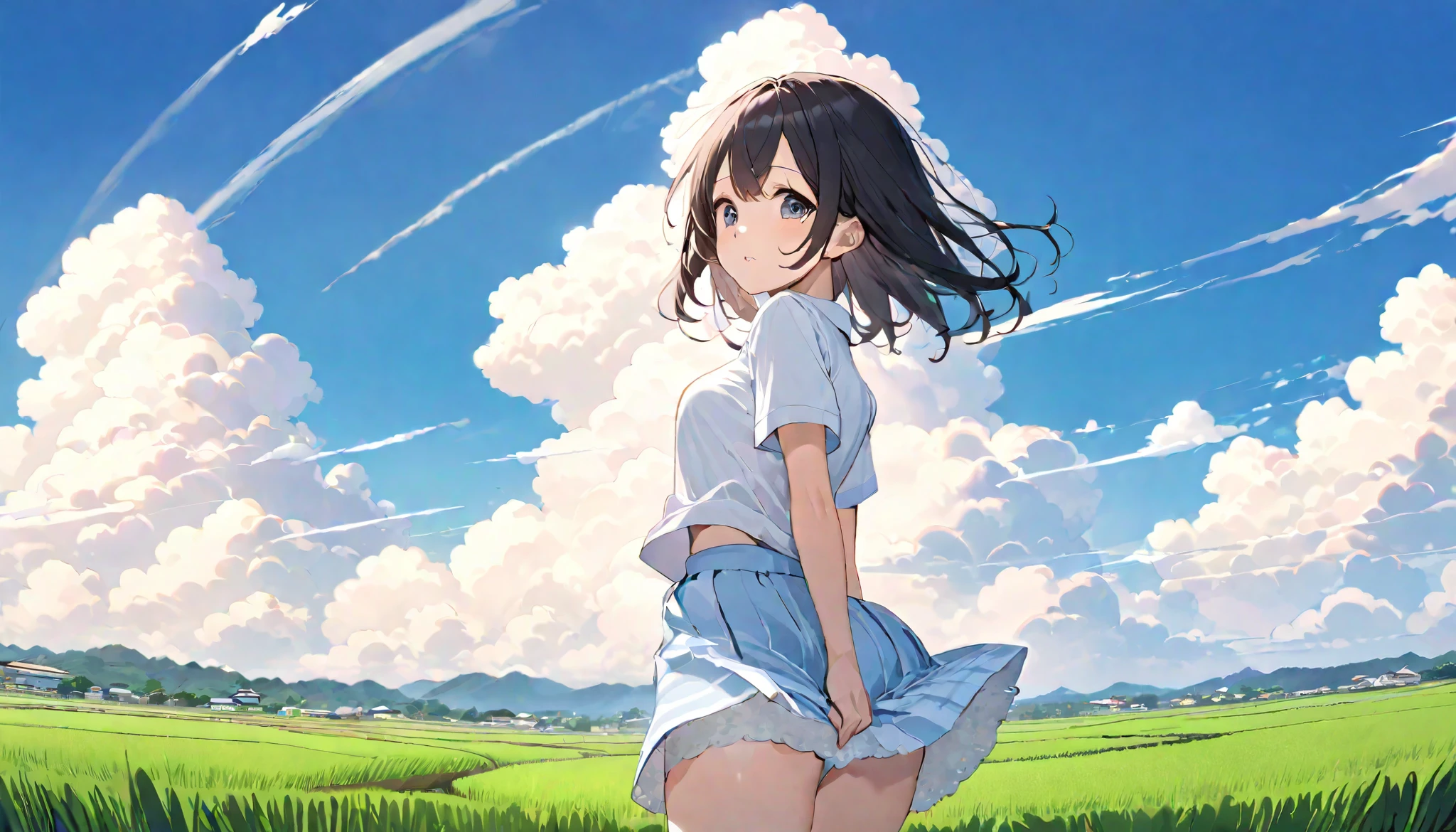   high school girl、 Short-sleeved plain shirt   、   with rice paddies stretching all the way to the horizon 、  I have a light blue miniskirt   、Clear sky and cumulonimbus clouds    