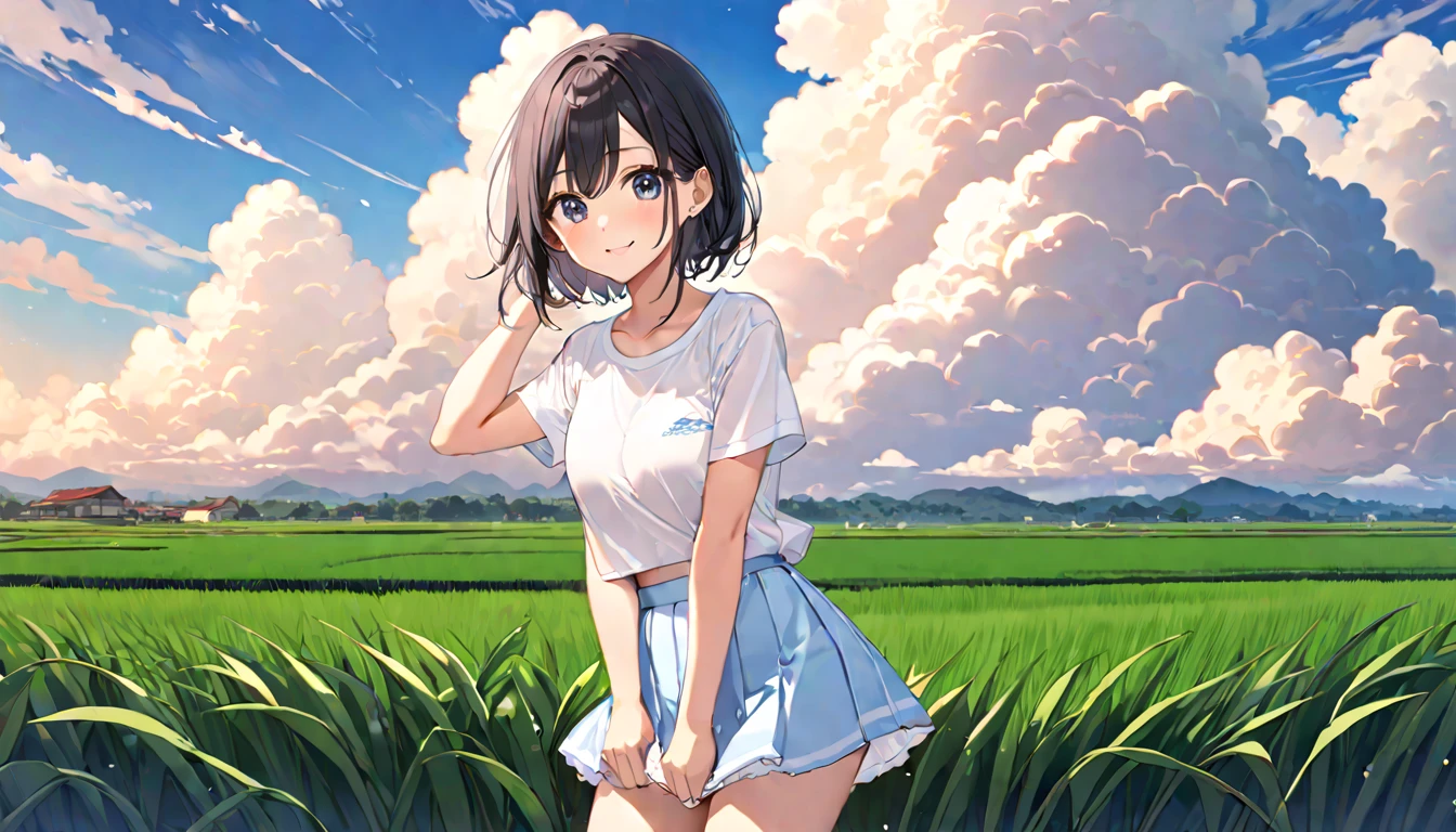   high school girl、 Short-sleeved plain shirt   、   with rice paddies stretching all the way to the horizon 、  I have a light blue miniskirt   、Clear sky and cumulonimbus clouds    