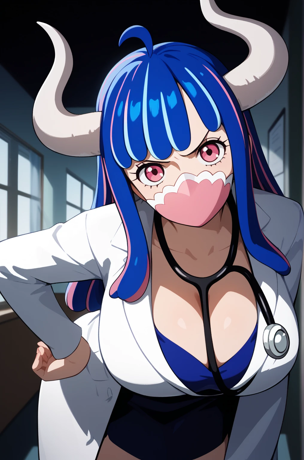 masterpiece,best quality,{{detailed beautiful face and eyes}}, 
Ulti,{{{megami magazine}}},long hair,multicolored hair,blue hair,ahoge,hair between eyes,horns,pink eyes,mouth mask,pink mask,large breasts, 
(((1girl:1.2))),(is angry:1.0),((doctor costume,stethoscope,white longcoat,cleavage)),
((leaning forward,hand on hip:1.2)),
(night hospital background:1.0),clothed