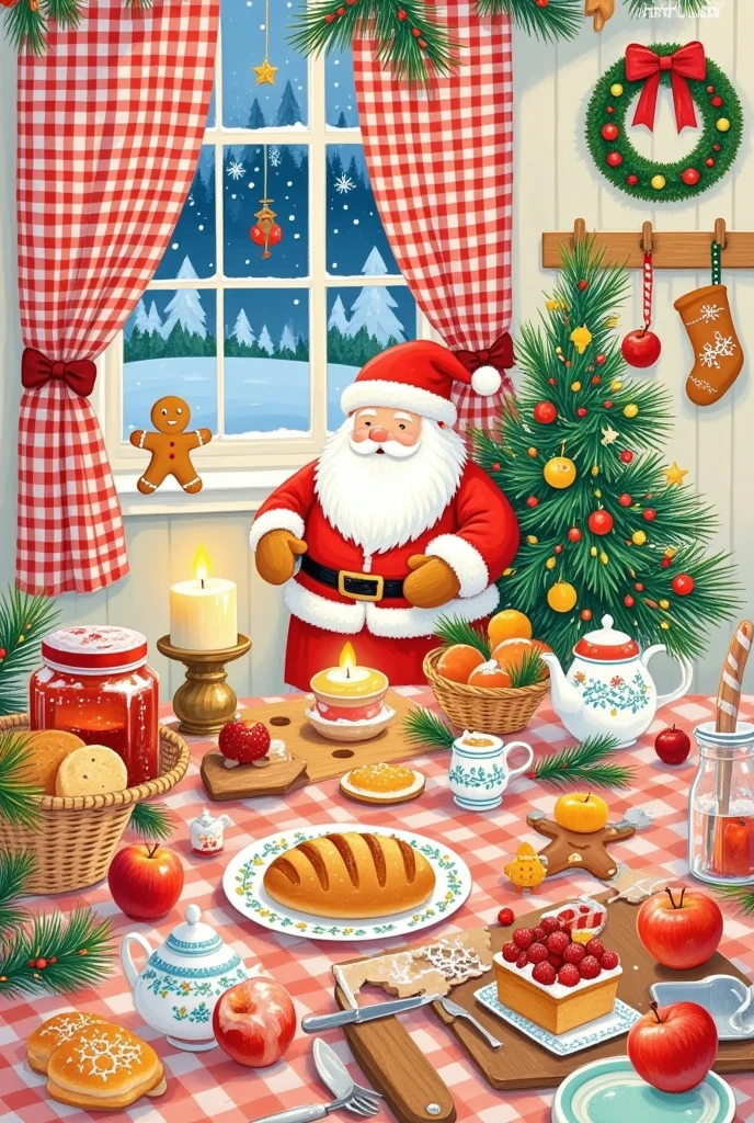 Pastel Art，Christmas illustration ，Plaid curtains ，The kitchen tablecloth is lined with bread、cake、Candle、glass、Christmas tree、Gingerbread Man、 apples、tableware、 with socks and Christmas wreaths hanging on the wall。 Santa Claus 。Artist's signature in the bottom right corner"Jennie"